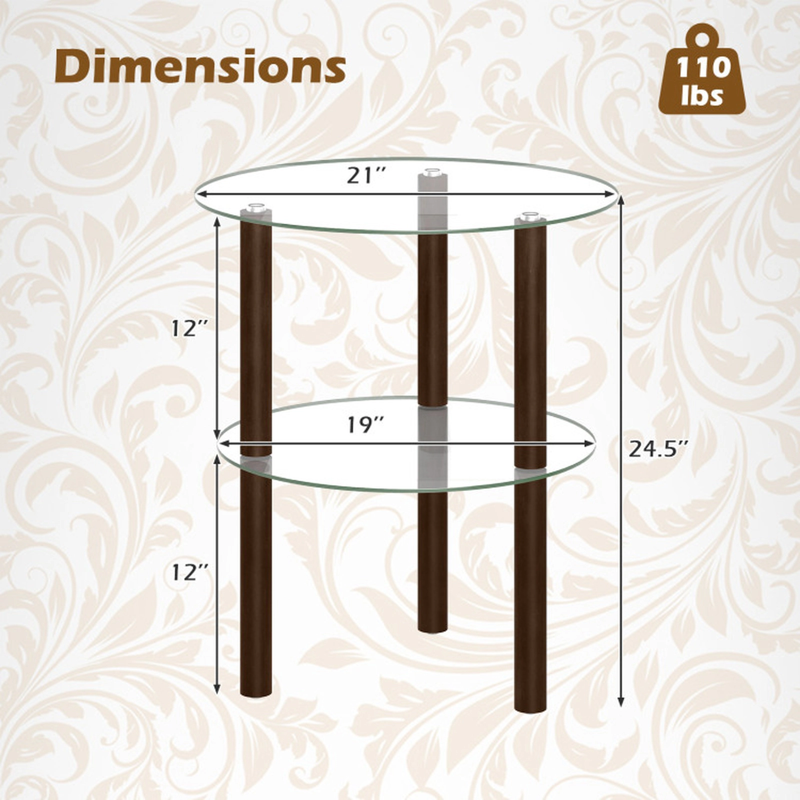 SUGIFT 2-Tier Round End Table with Clear Tempered Glass Top and Shelf 110-lb Capacity Brown