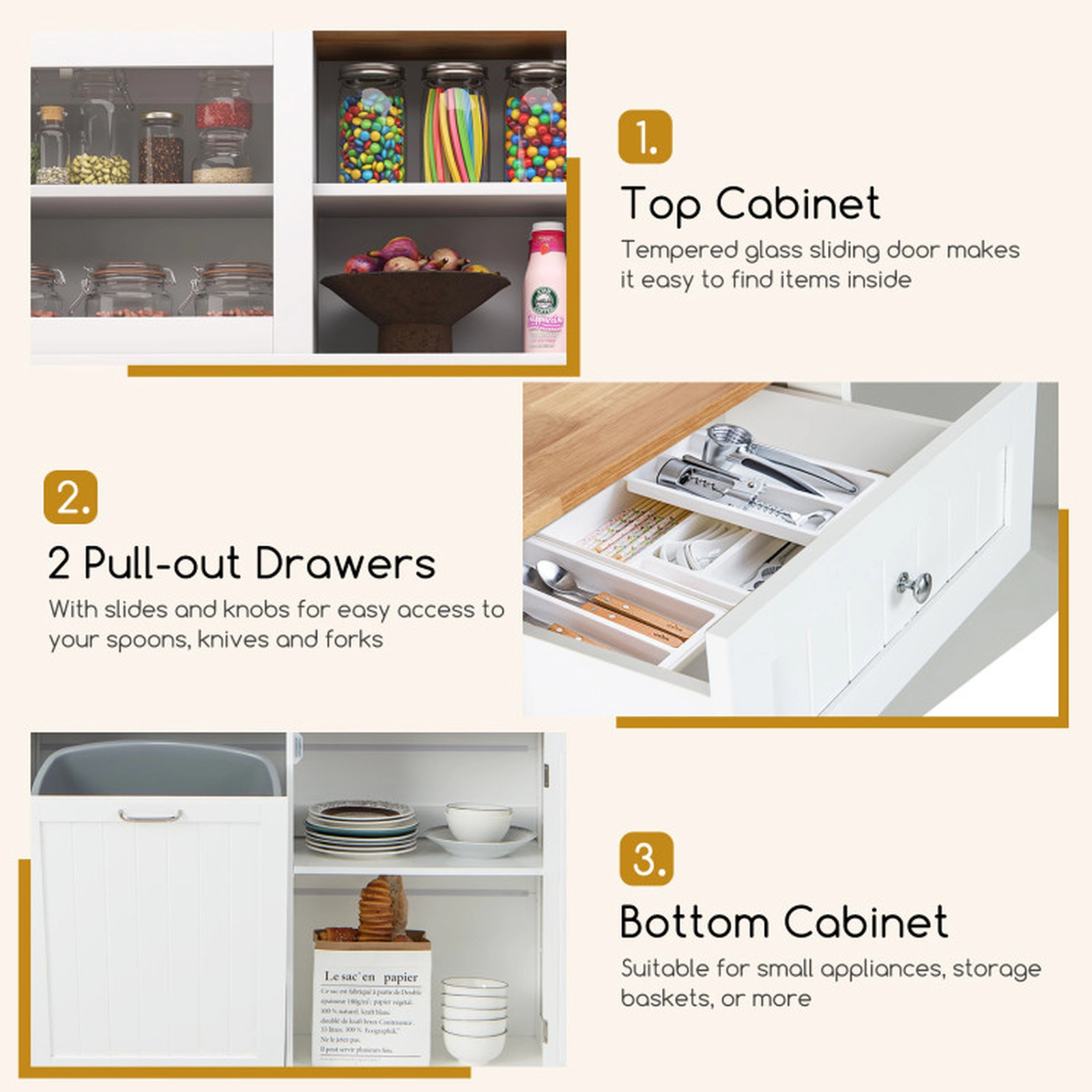 SUGIFT 39.5-in 300-lb Capacity Double Tilt Out Trash Can Cabinet with Hutch Rubber Wood Countertop and 2 Drawers