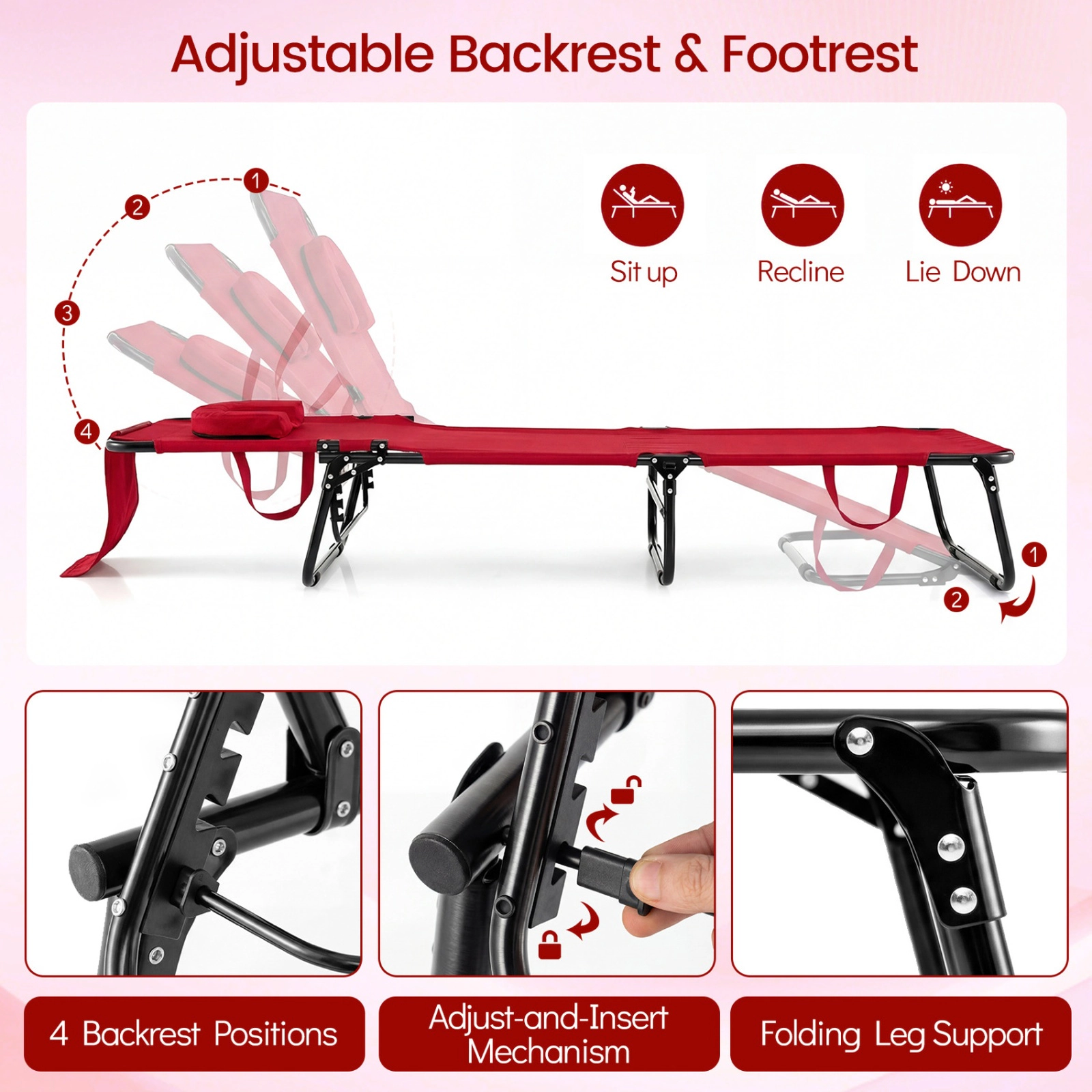 SUGIFT Adjustable Folding Face Down Tanning Chair with Face Hole & 3 Removable Pillows 330-lb Capacity 76.5-in Frame Red