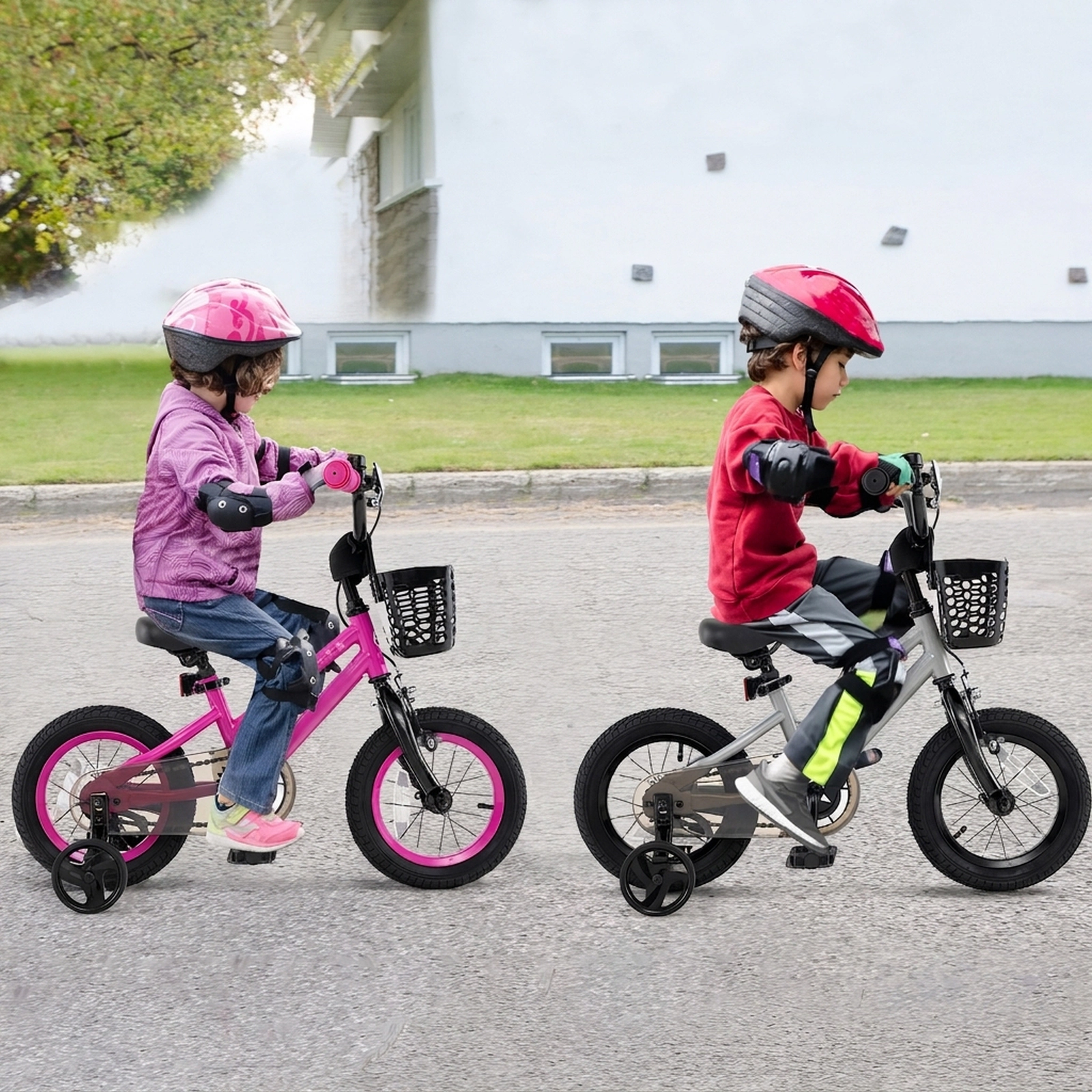14-in Kids Bike with Transparent Chain Cover Removable Training Wheels Adjustable Seat and Dual Brakes Ages 4-5 Silver