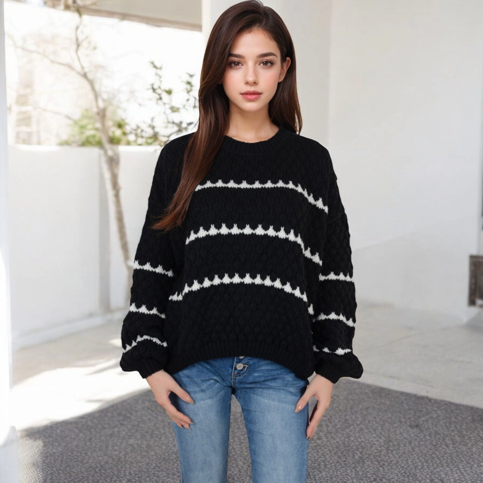 Anna-Kaci Women's Oversized Cable Knit Sweater with Contrast Stripes