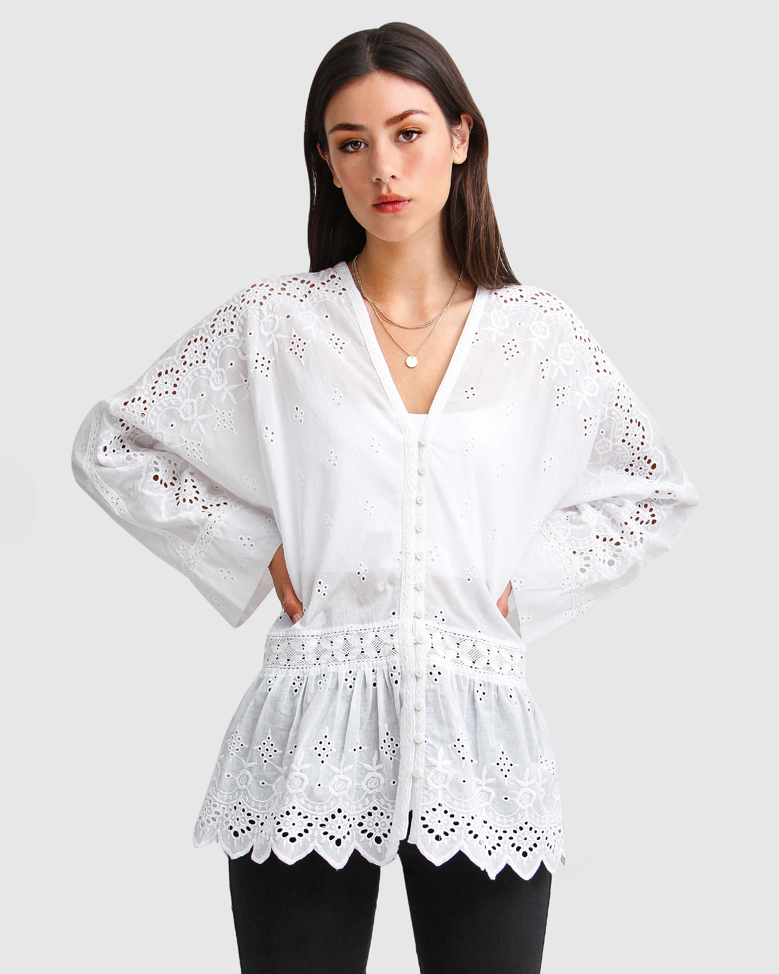 Belle & Bloom Womens Unbutton Me Eyelet Button Down Shirt