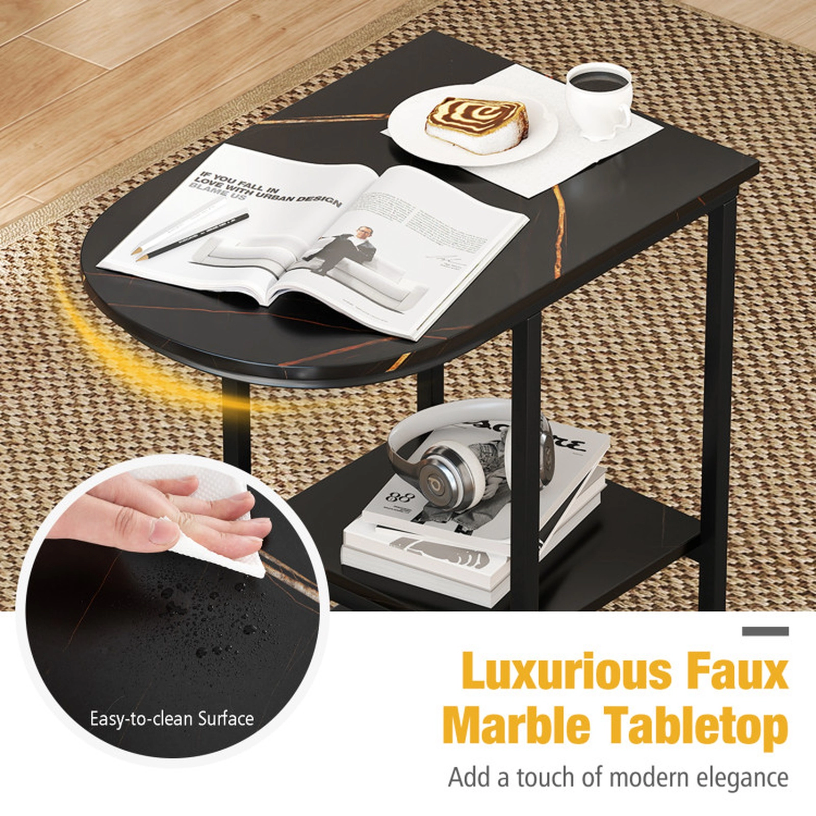 SUGIFT C-Shaped Modern Sofa Side Table Faux Marble Tabletop & Storage Shelf 66-lb Tabletop Capacity 22-lb Shelf Capacity