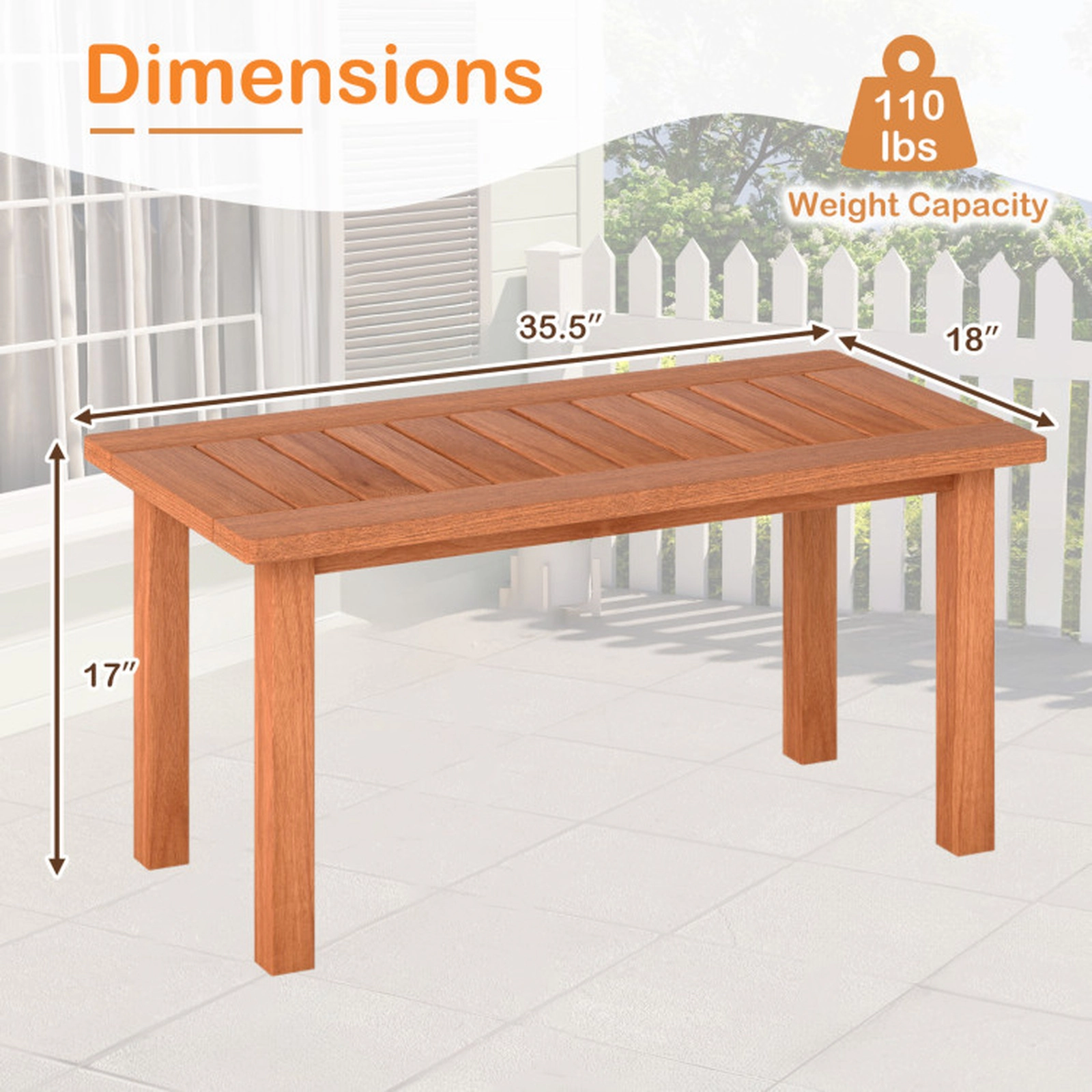 SUGIFT 35.5 in Slatted Tabletop for Deck Natural Solid Wood Patio Coffee Table