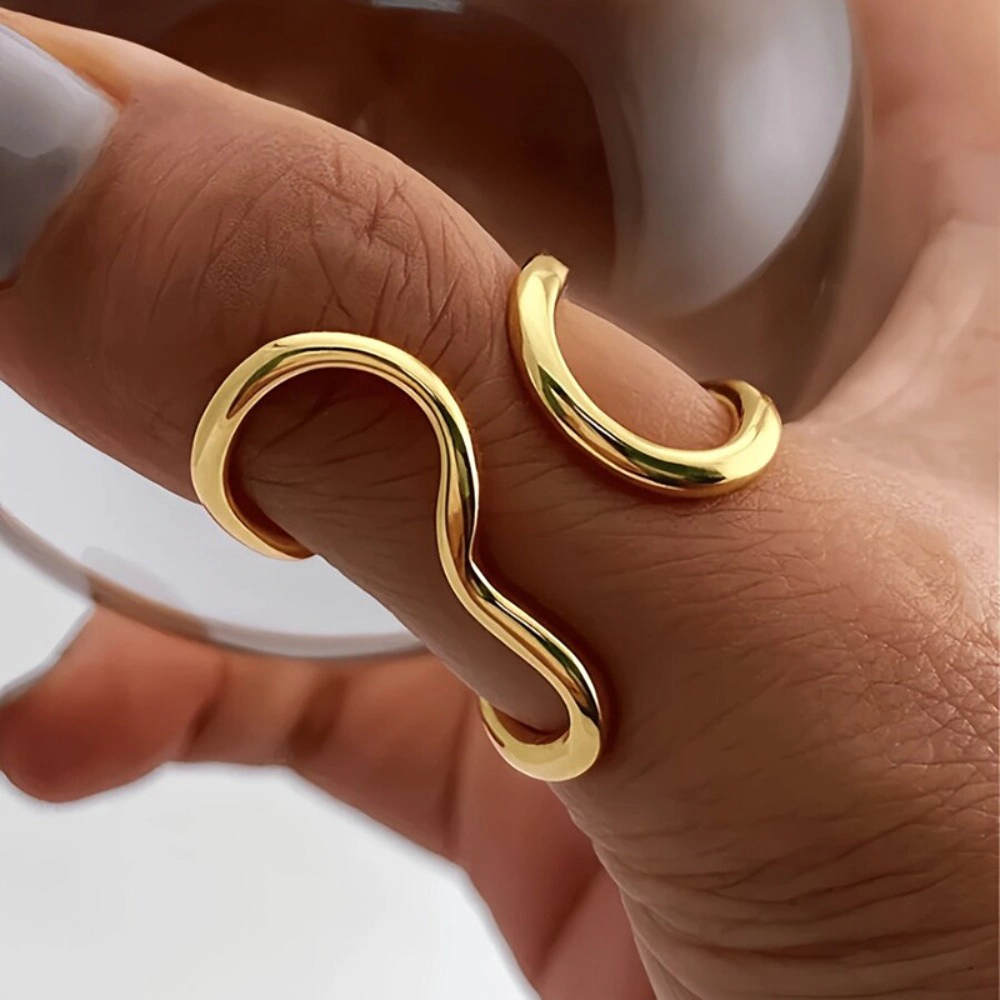 Double Band Wave Open Ring Minimalist Smooth Curved Adjustable Stacking for Women