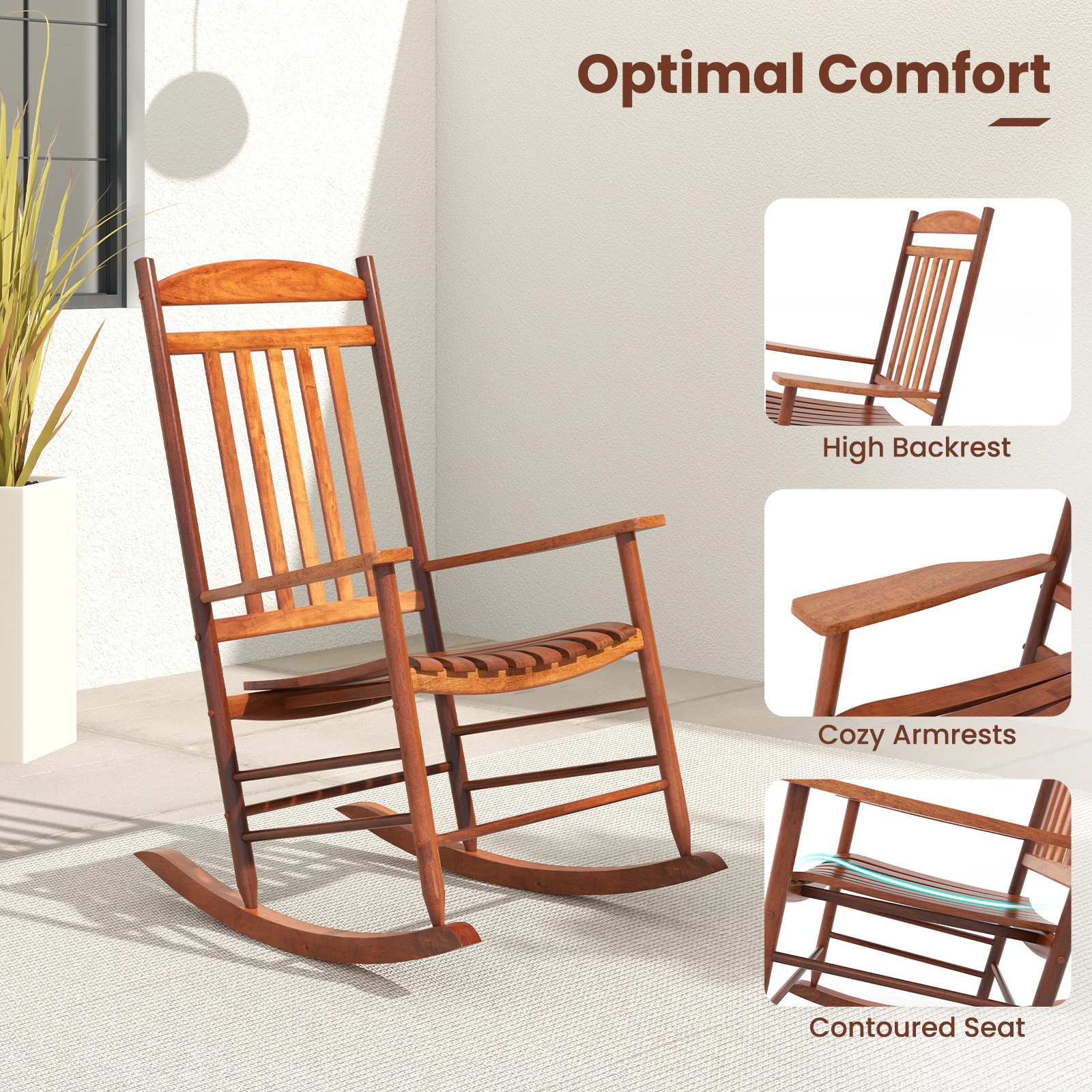 SUGIFT 3-Piece Poplar Wood Rocking Conversation Bistro Set with Folding Side Table 400-Lb Rocker Capacity Natural