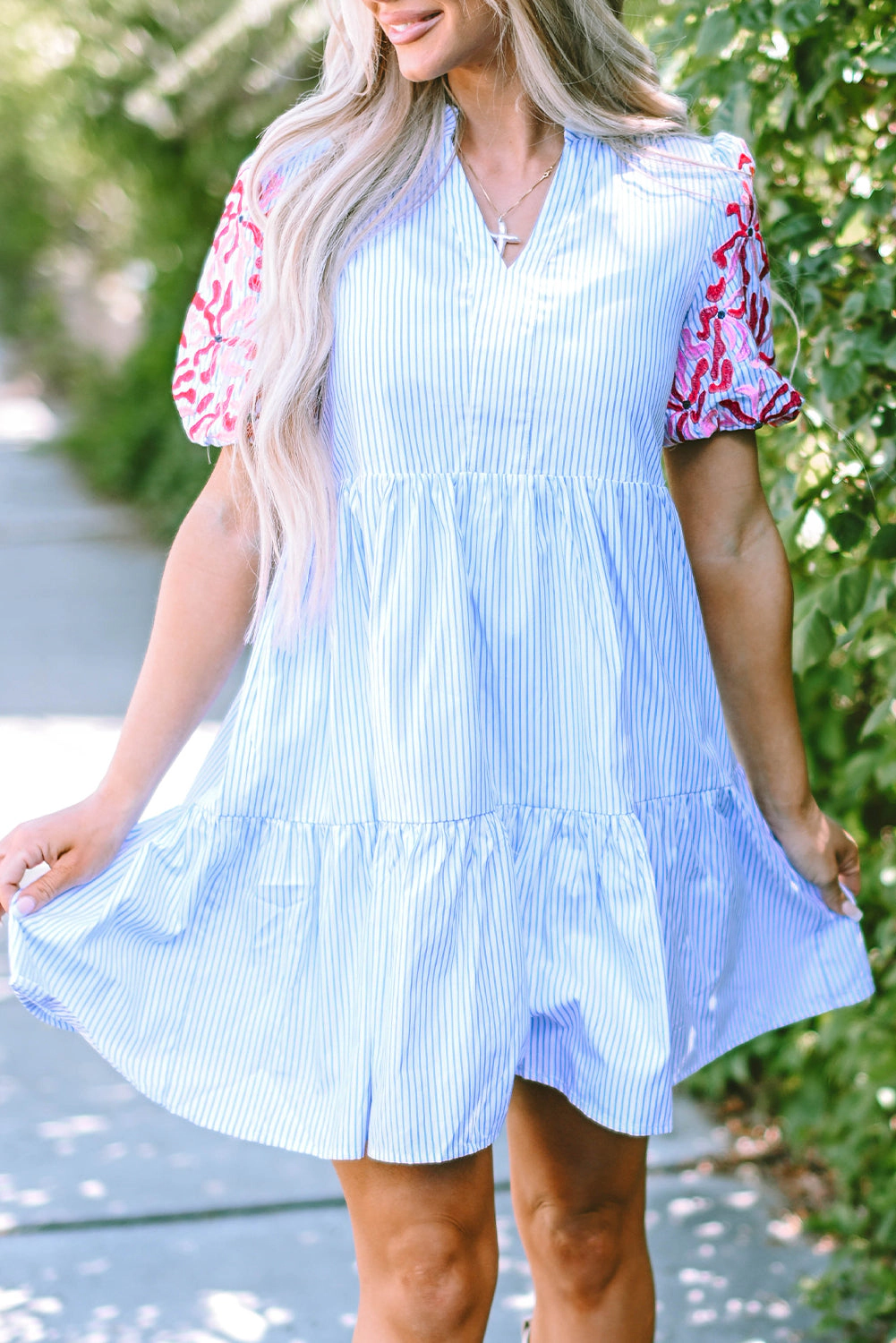 Threaded Pear Women's Kori Stripe Contrast Floral Puff Sleeve Tiered Ruffle Dress