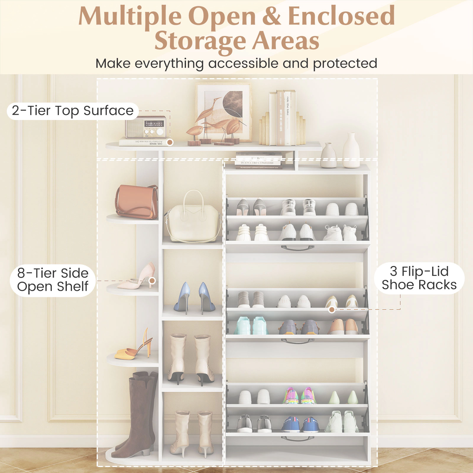 SUGIFT White 50.5-in Tall Entryway Shoe Cabinet with 3 Flip Drawers Adjustable Shelves and Open Cubbies