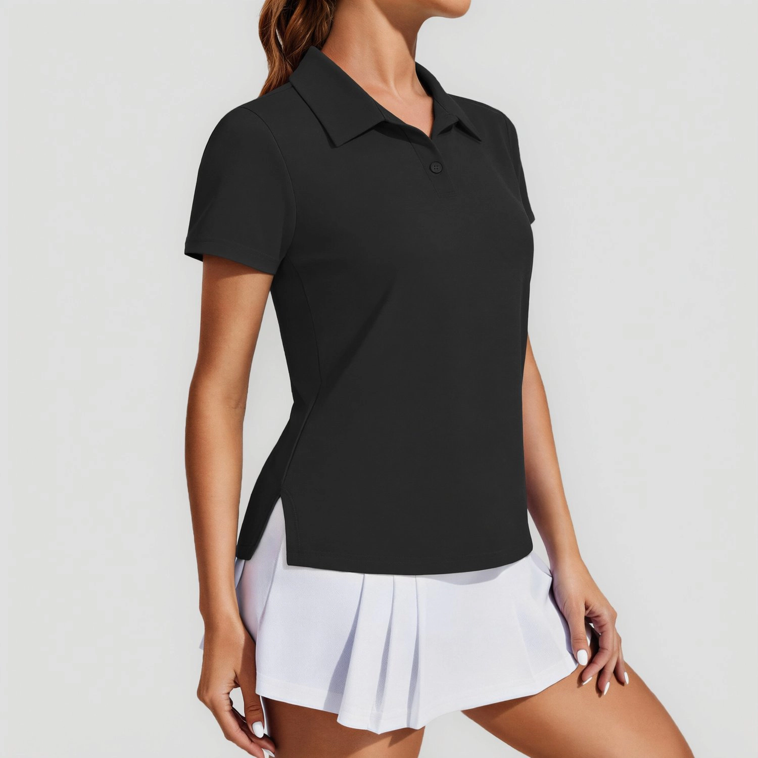 Pinspark Womens Classic Collar Short Sleeve Polo Shirts Solid Side Split Casual Tops