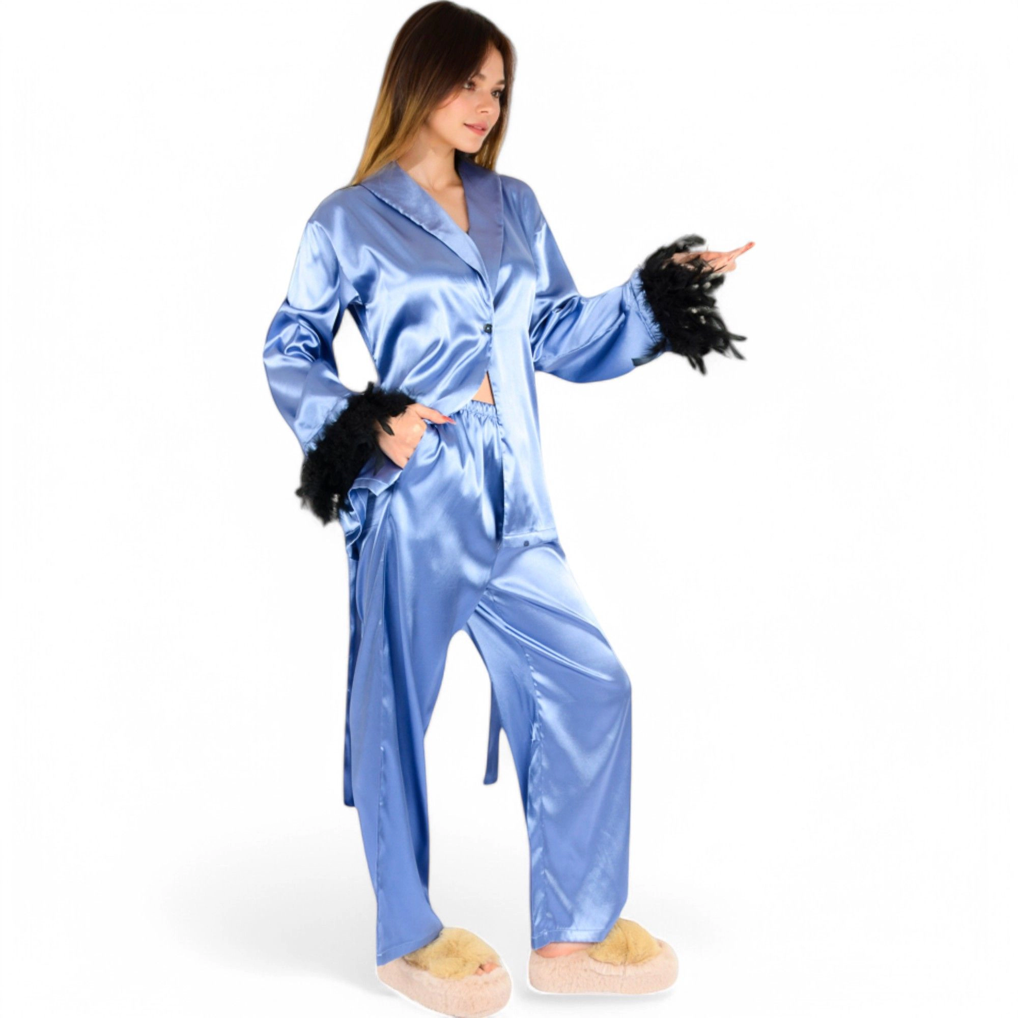 Anna-Kaci Women's Satin Feather Trim Button Up Lounge Set with Wide Leg Pants