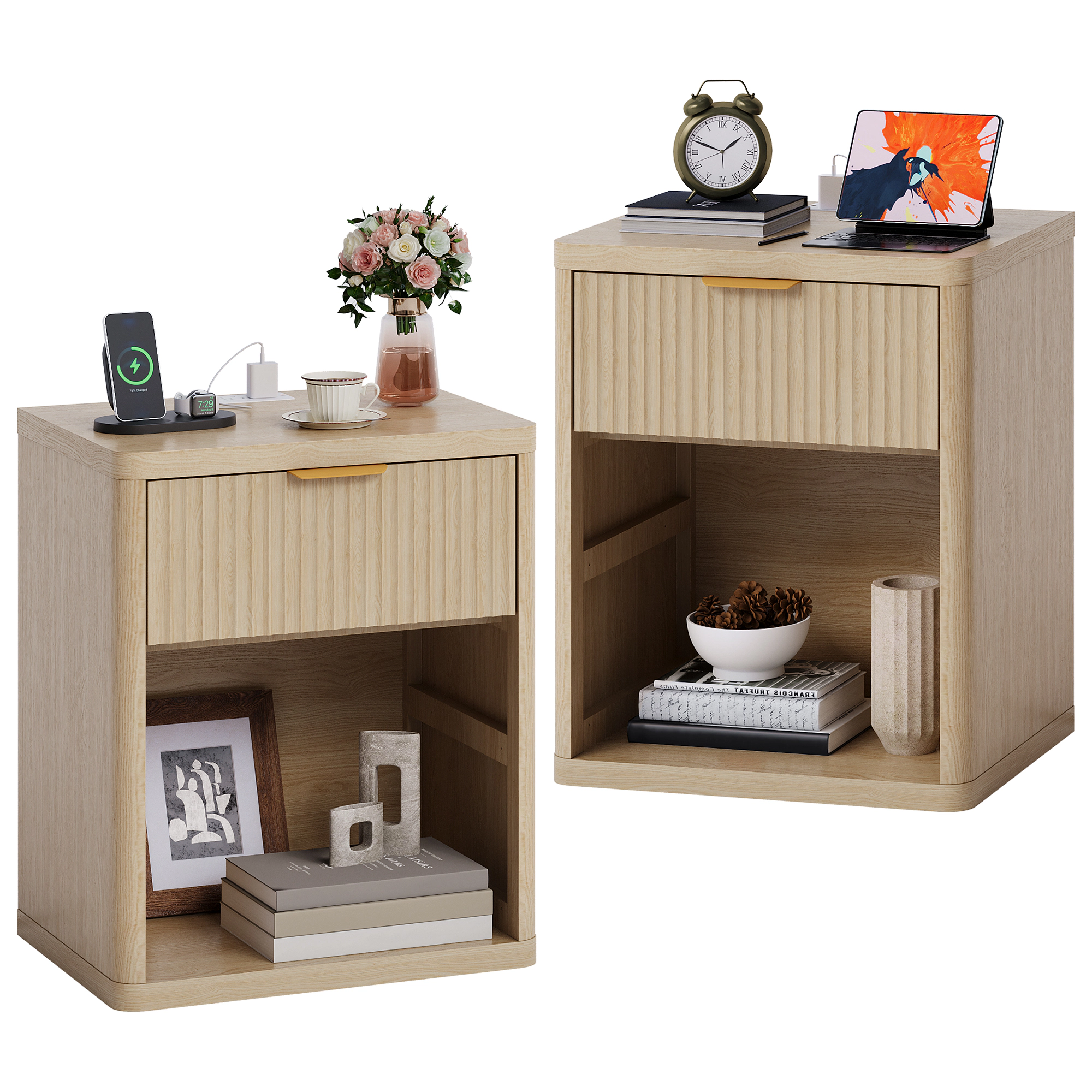 BebreezChic Farmhouse Natural Wood Grain Storage Bedroom Bedside Table