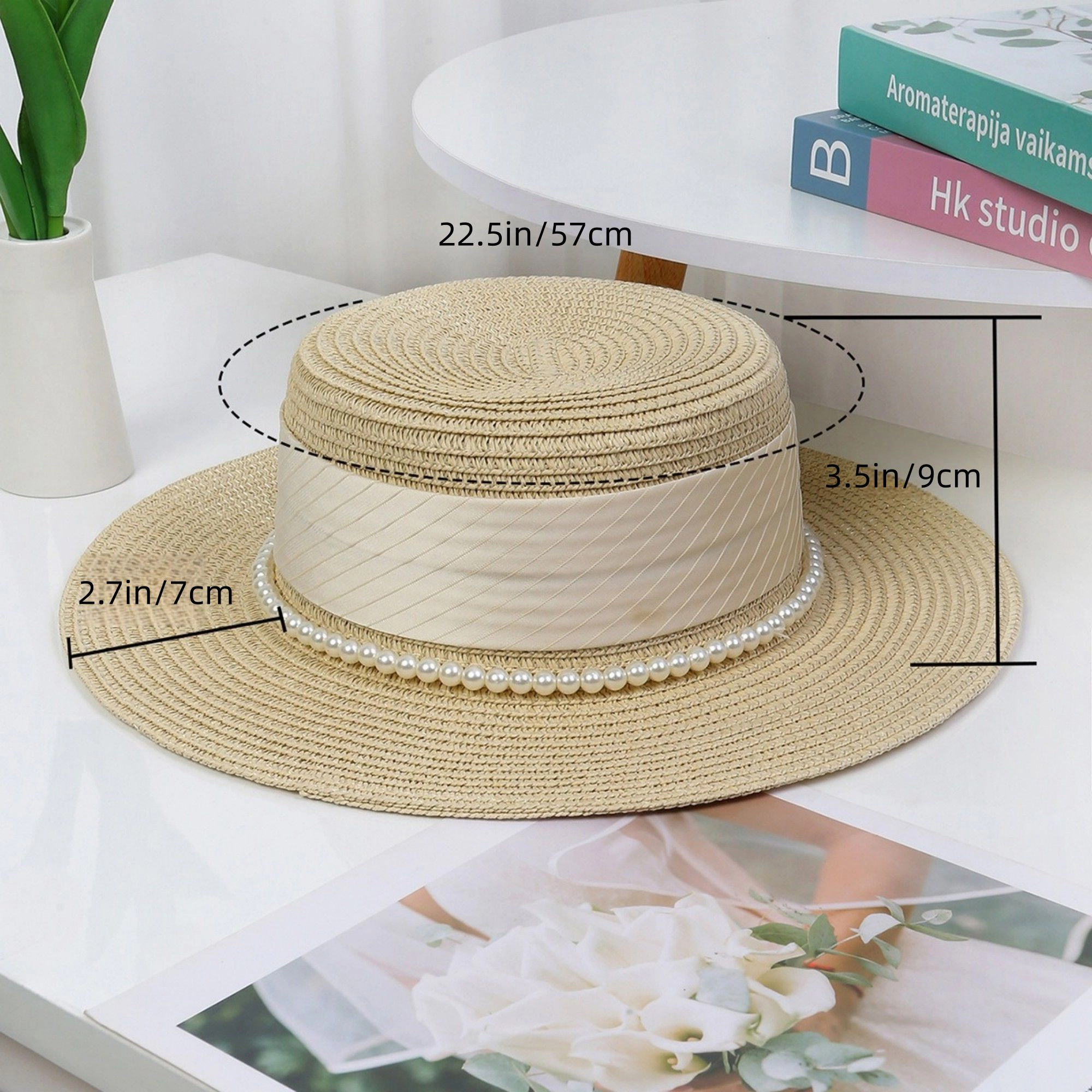 Anna-Kaci Women's Straw Boater Hat with Flat Brim Structured Crown Pearl Ribbon Band Detail