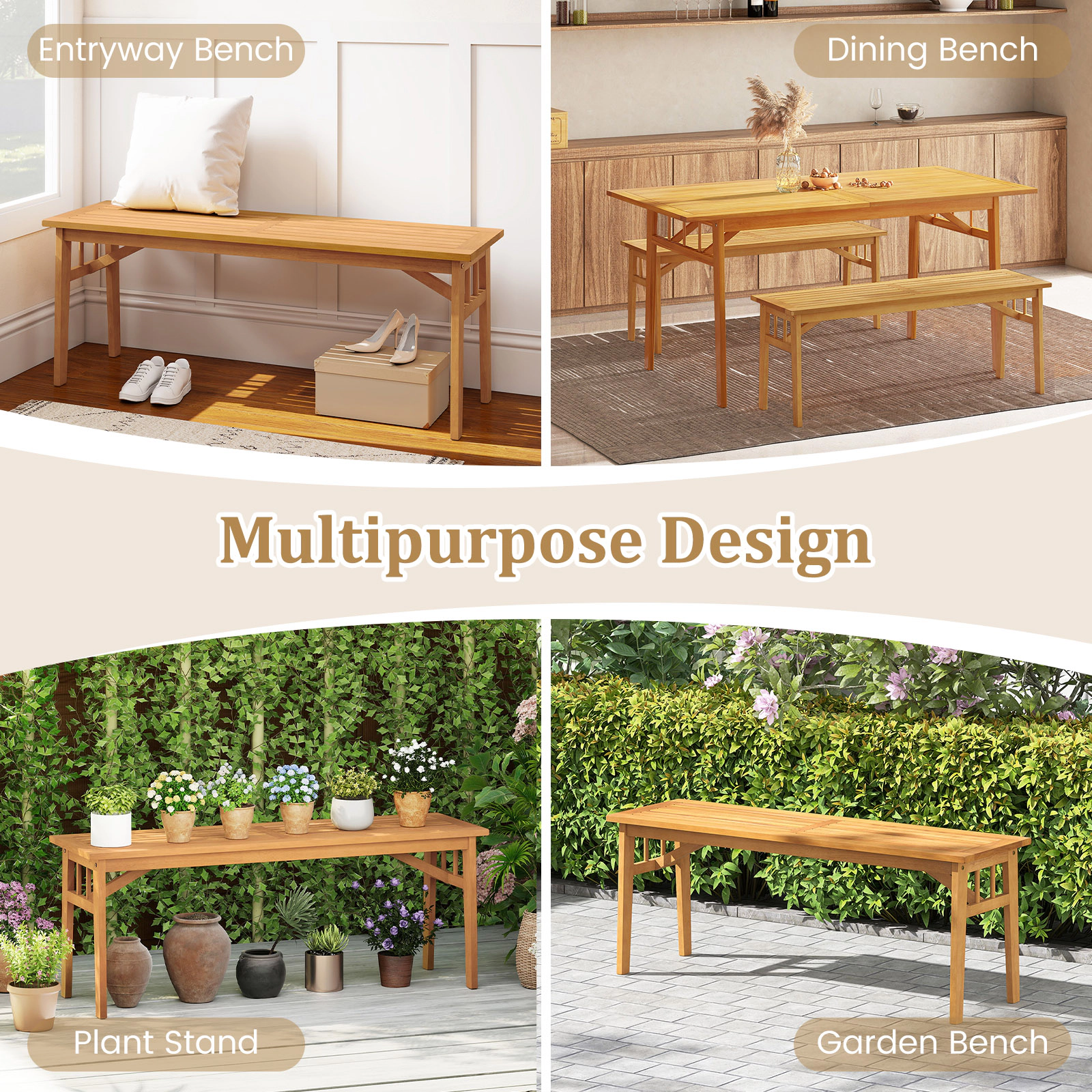 SUGIFT Set of 2 48-Inch Natural Acacia Wood Dining Benches, 800-lb Capacity