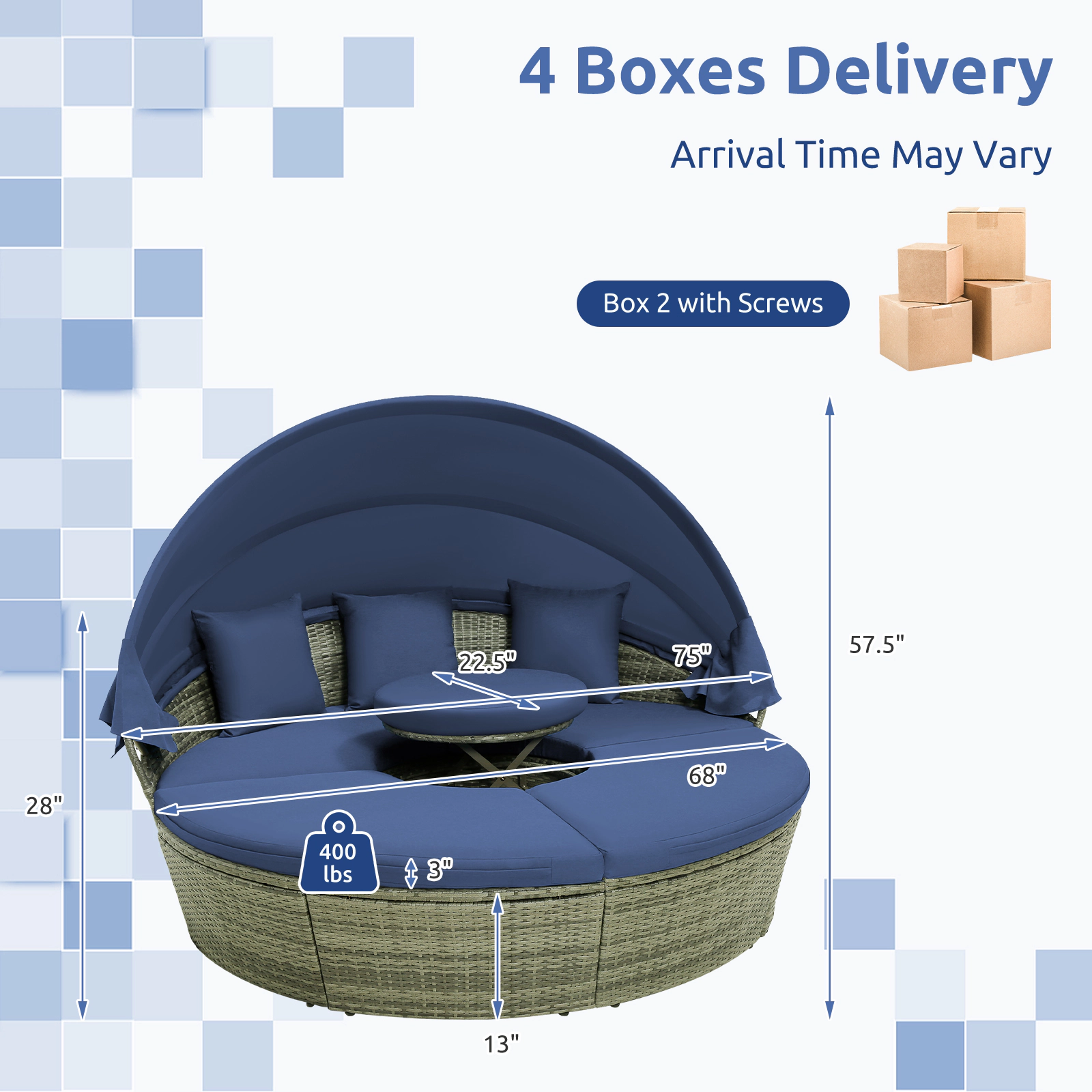 LJG Outdoor PE Wicker Round Daybed with Retractable Canopy and Cushions