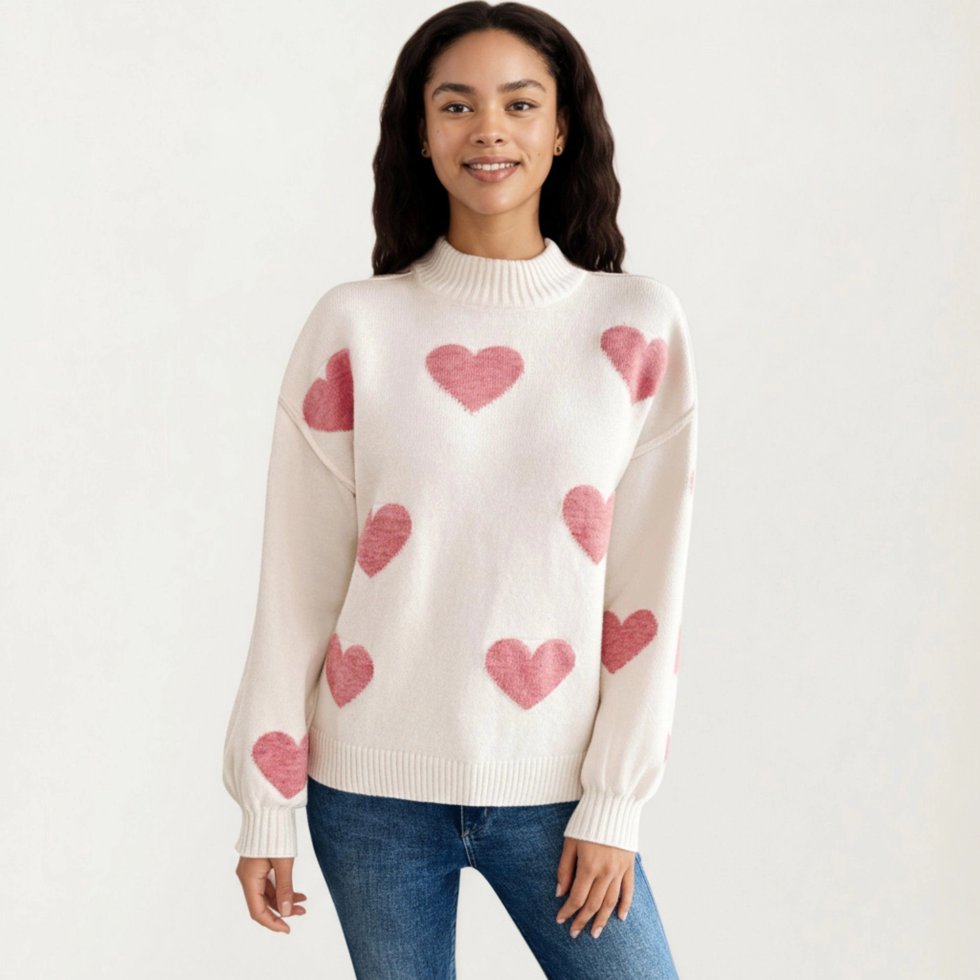 Anna-Kaci Women's Long Sleeve Valentine Knit Sweater with Heart Pattern and Ribbed Trim