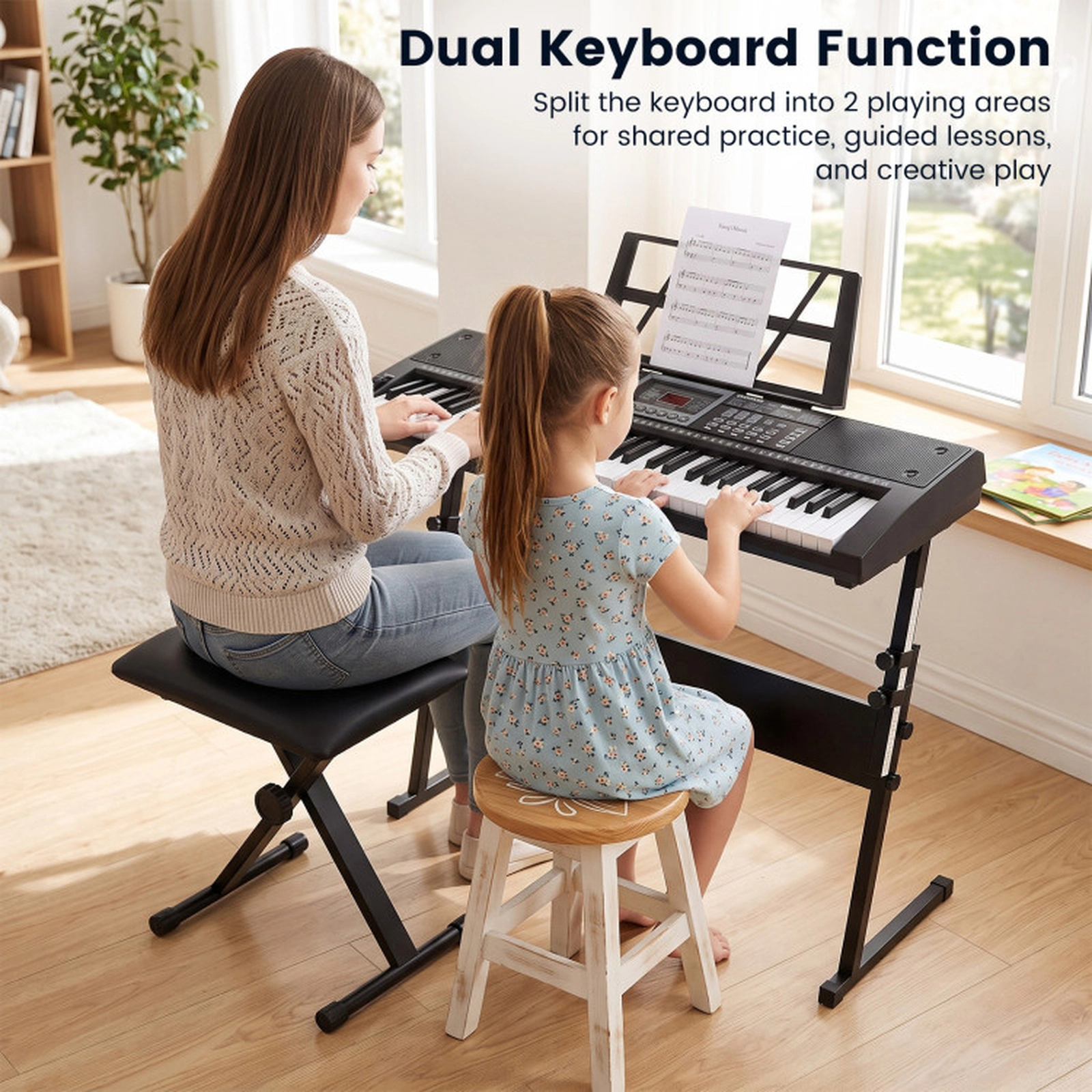 SUGIFT 61-Key Lighted Keyboard Piano with Stand and Padded Stool 31.5-in Keyboard for Beginners Black and White