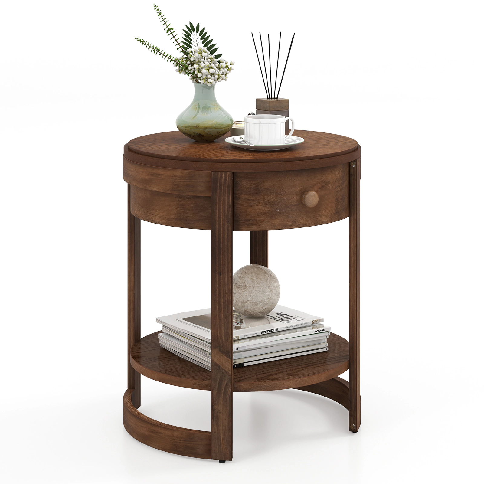 Hivvago 2-Tier Round End Table Mid Century Modern Nightstand