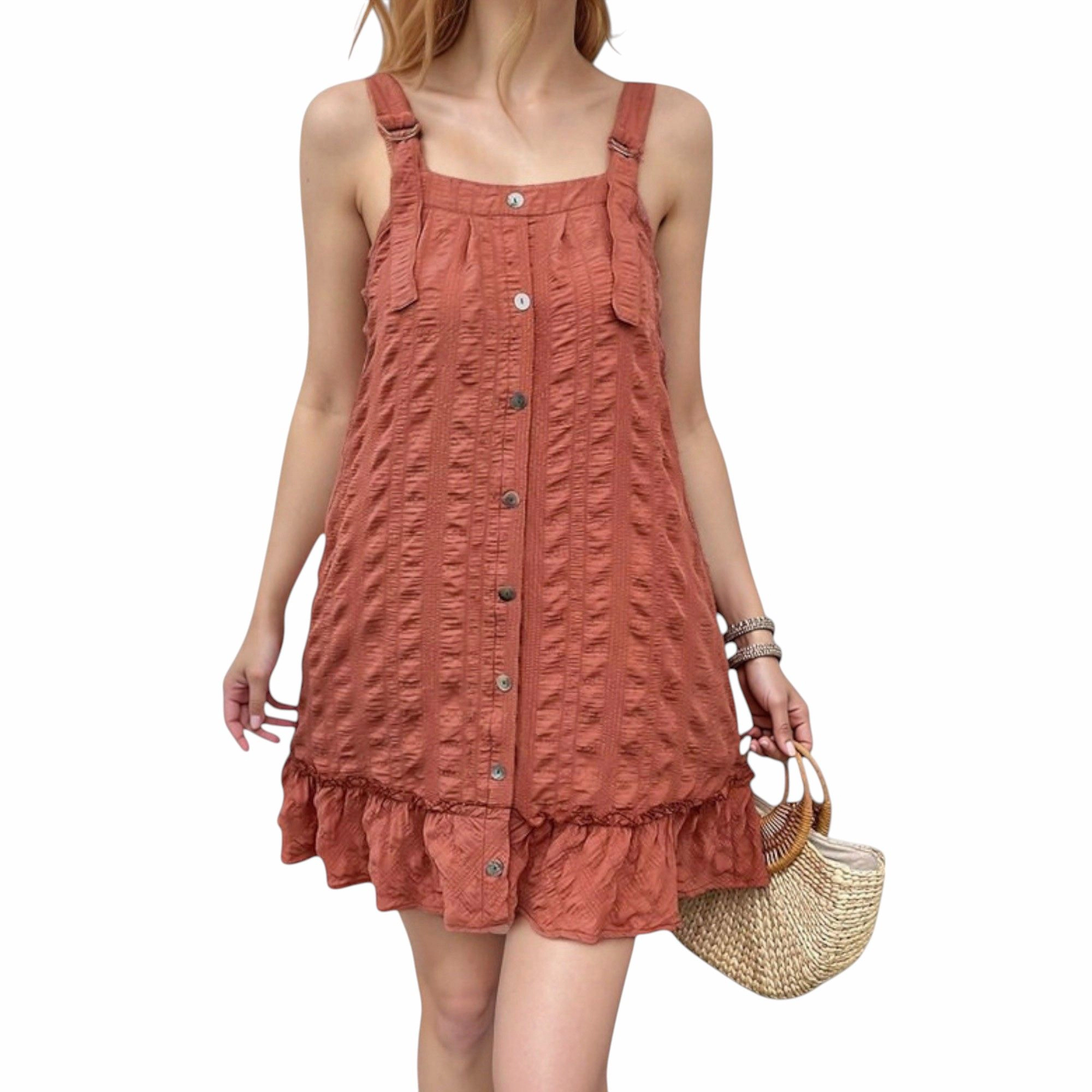 Anna-Kaci Women's Textured Button-Front Overall Dress with Adjustable Straps and Ruffle Hem