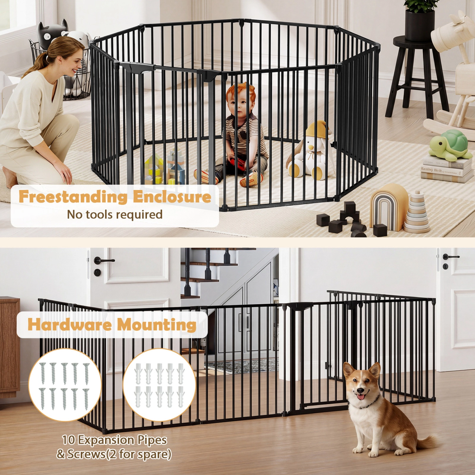 SUGIFT 8-Panel Extra Wide Pet Safety Gate Black with Auto-Close Lockable Door