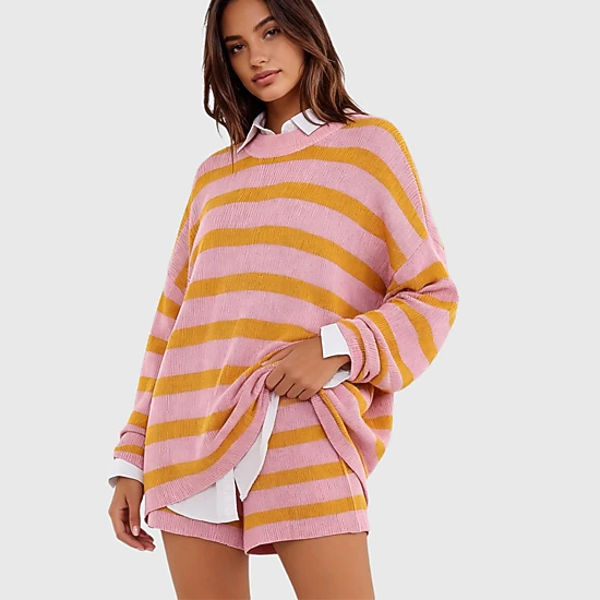 YesFashion Womens Oversized Striped Sweater Sets Matching Long Sleeve Top and Shorts Pajamas Sets