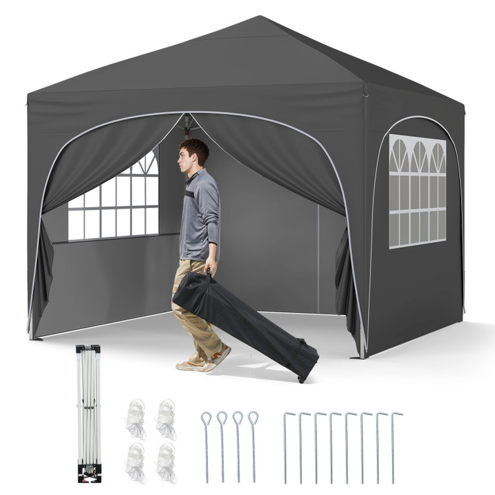 SUGIFT Gray Pop Up Canopy Tent with 4 Detachable Sidewalls Wheeled Bag and 4 Sandbags 10-ft W 10-ft D 9.4-ft H