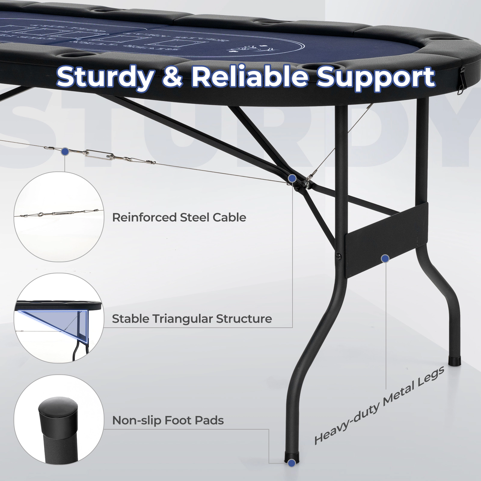 SUGIFT Blue 8-Player Oval Foldable Poker Table with Padded PU Leather Railings 72-in W 32.5-in D 29-in H