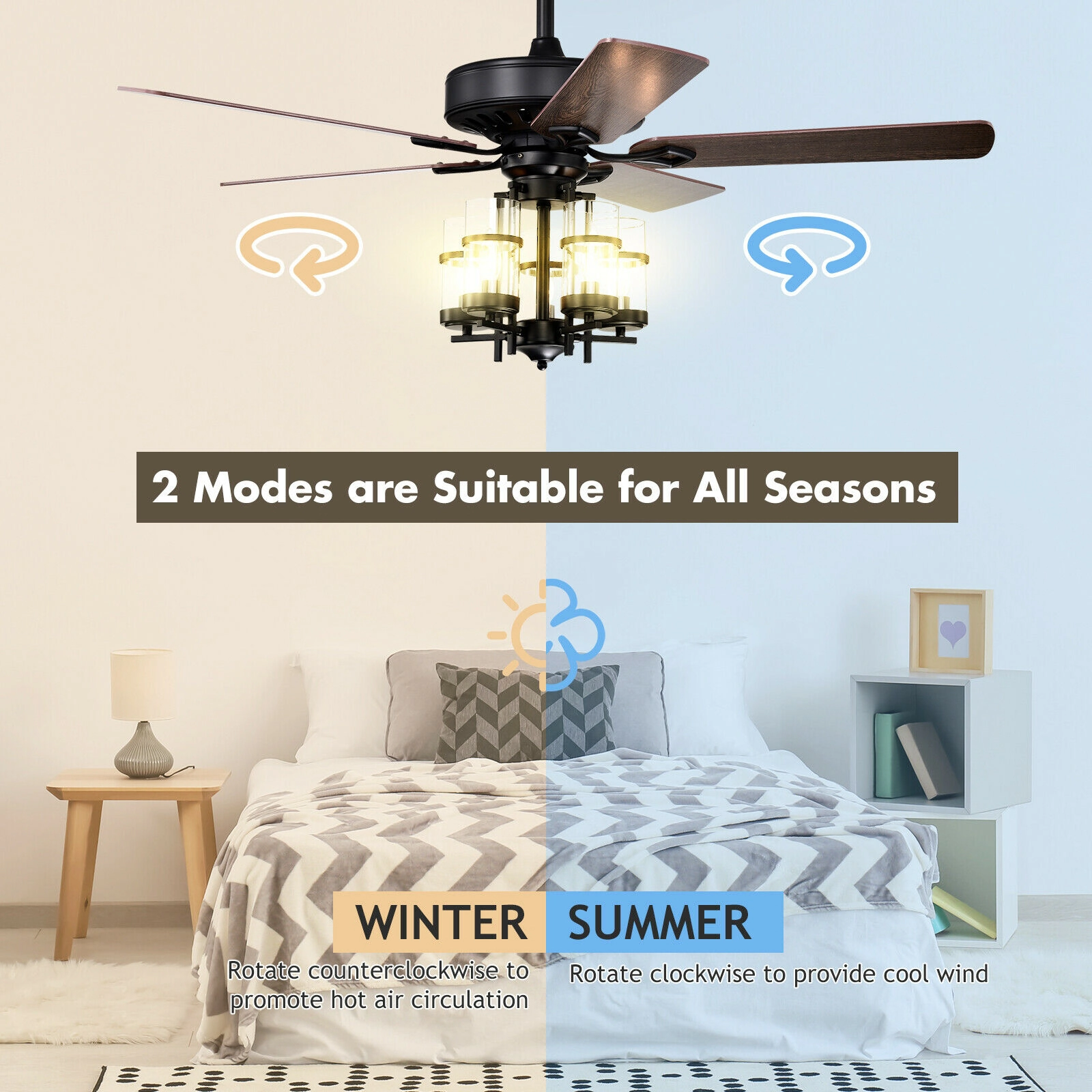 SUGIFT 50-in Reversible 5-Blade Ceiling Fan Light with Explosion-Proof Glass Lampshades 3-Speed Remote-Controlled Black