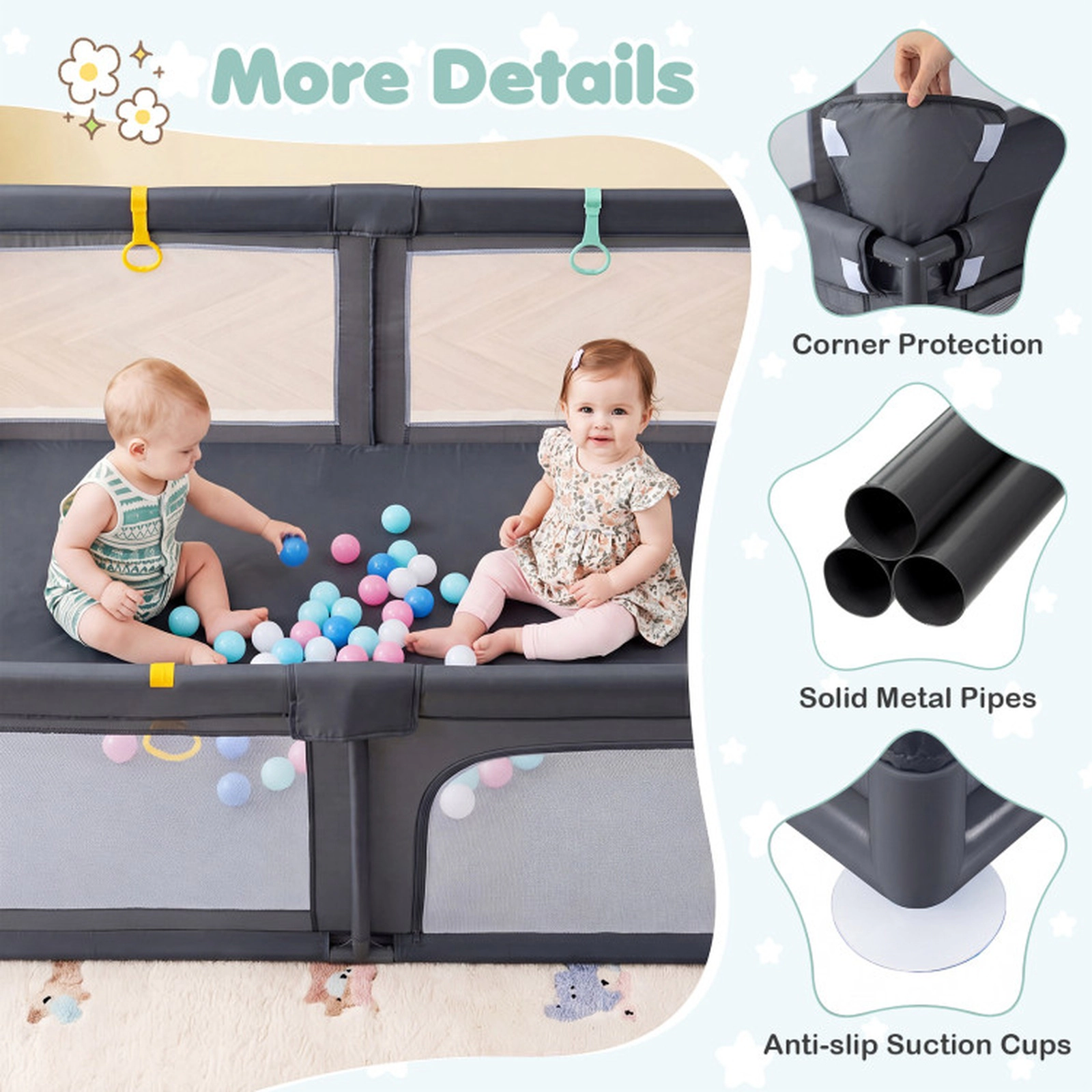 SUGIFT 79-in Sponge Padded Baby Playpen with Wear-Resistant Oxford Anti-Slip Suction Cups and 50 Ocean Balls