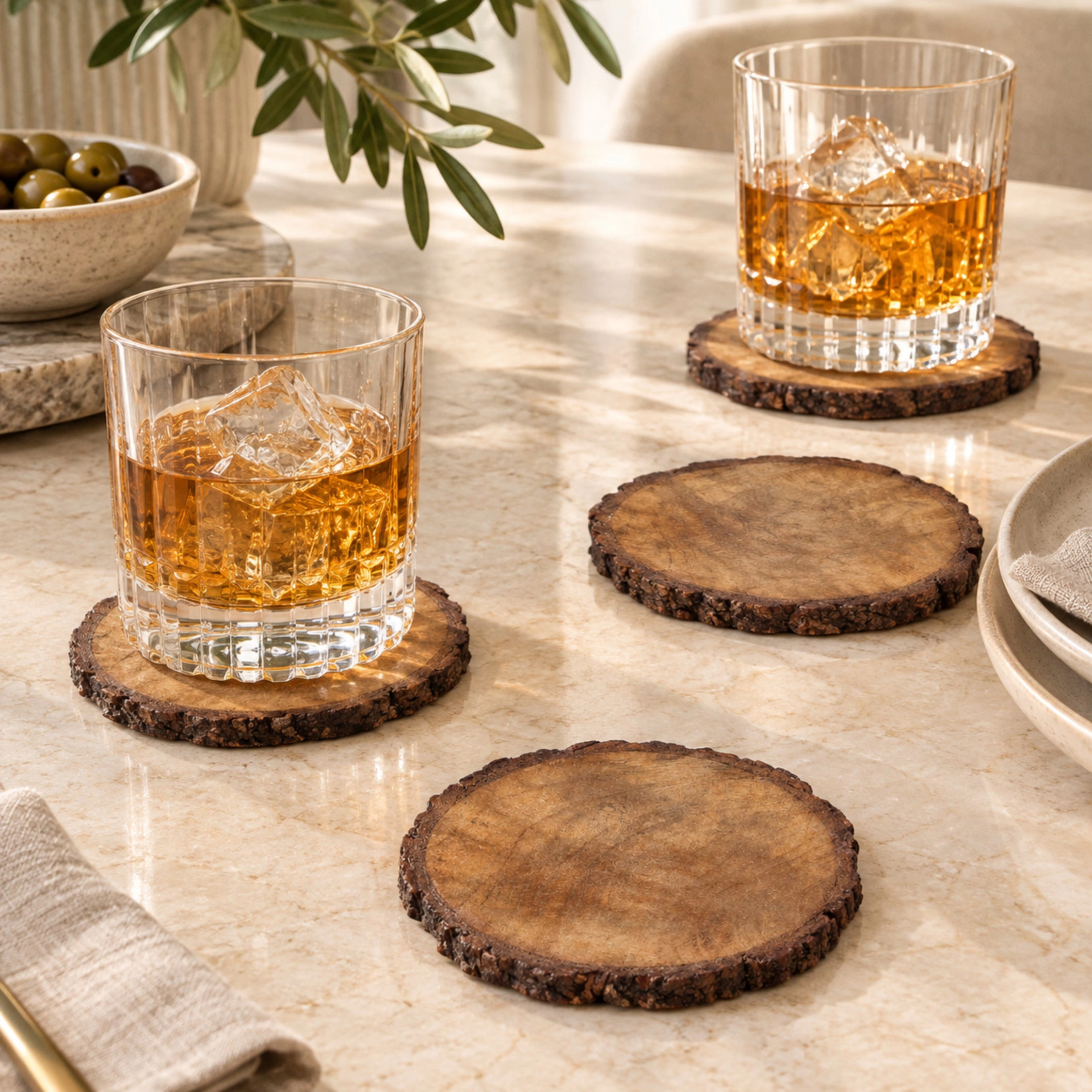 Dainty Home Wood With Tree Bark Designed 4" Round Coaster Set Of 4