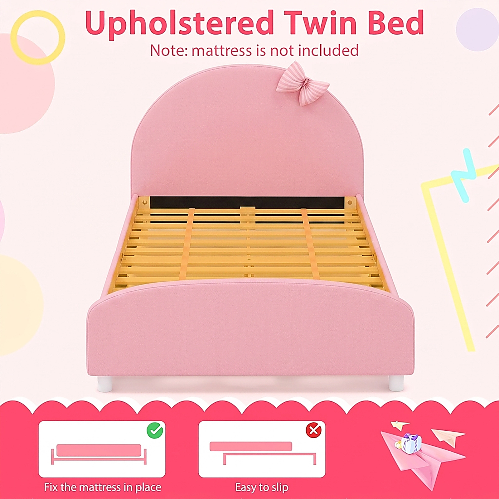 SUGIFT Kids Twin Size 400-lb Bed Capacity Upholstered Platform Bed Frame with Padded Headboard 80-in L 42-in W Pink