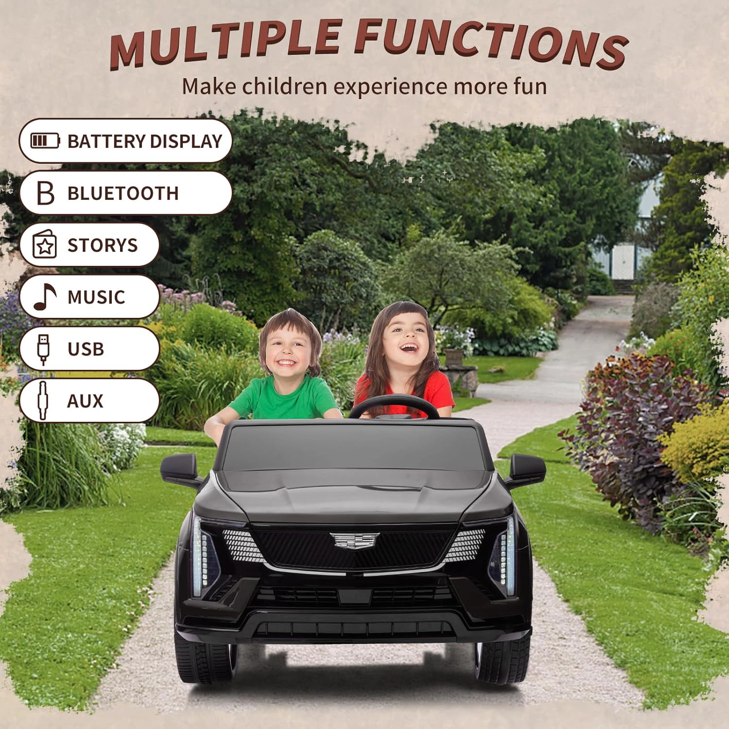 24V Licensed Cadillac Kids Ride On Car, 2-Seater Electric Vehicle w/ Remote, Music, LED, Shock Absorbers & Seatbelts