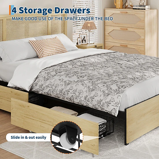 Full Bed Frame with Natural Rattan Headboard, 4 Storage Drawers, Wood ...