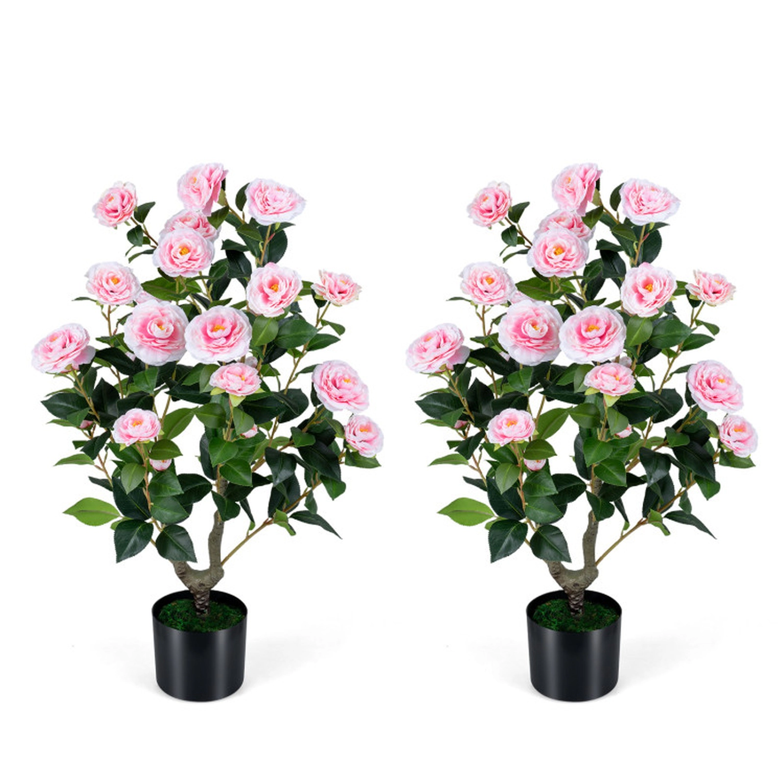 SUGIFT Set of 2 35.5-in 24 Blossoms 174 Leaves Artificial Camellia Trees 6-in x 5-in Cement Pot 15-lb Pink