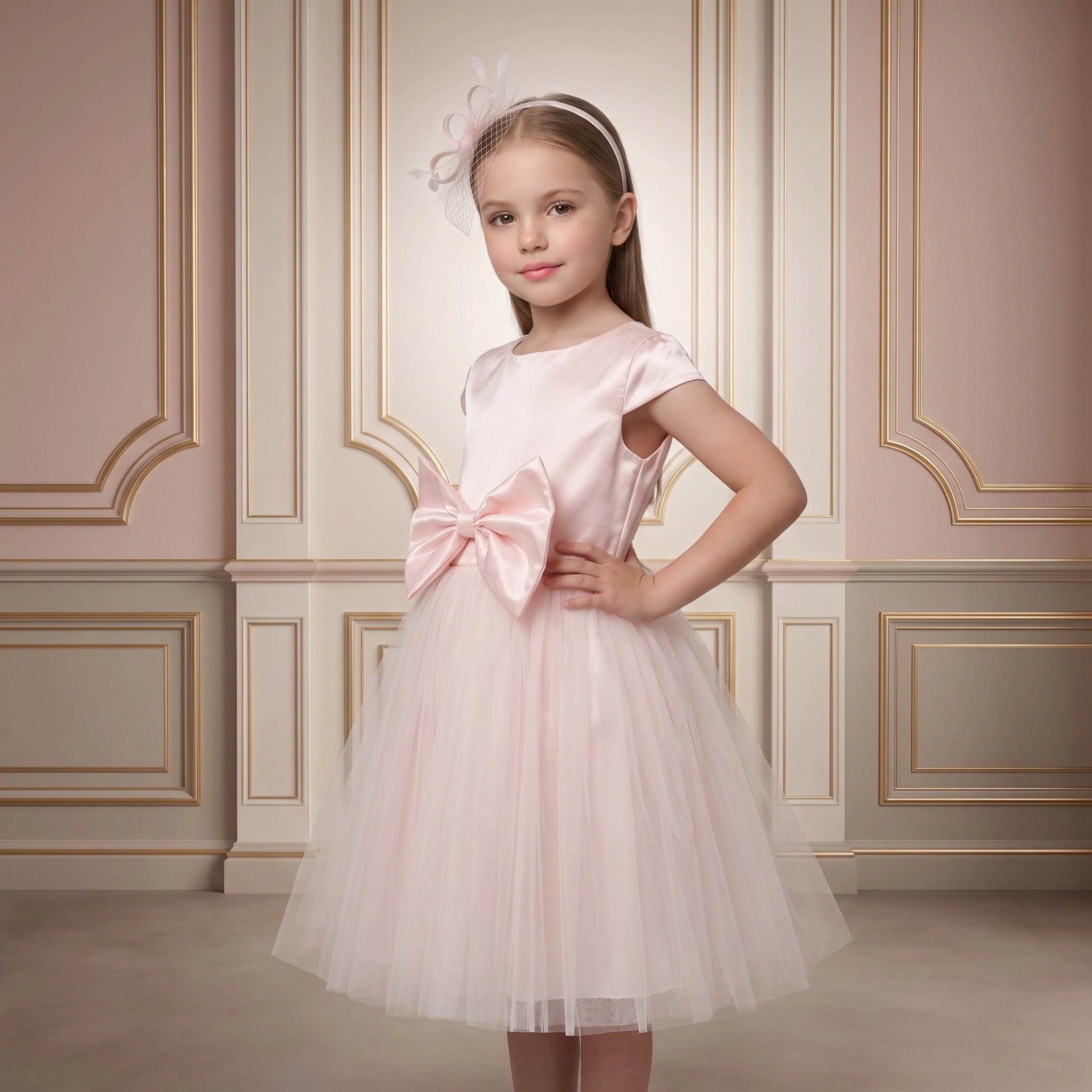 2Bunnies Girls' 3T-10Y Toddler Satin A-Line Bow Tulle Flower Girl Dress