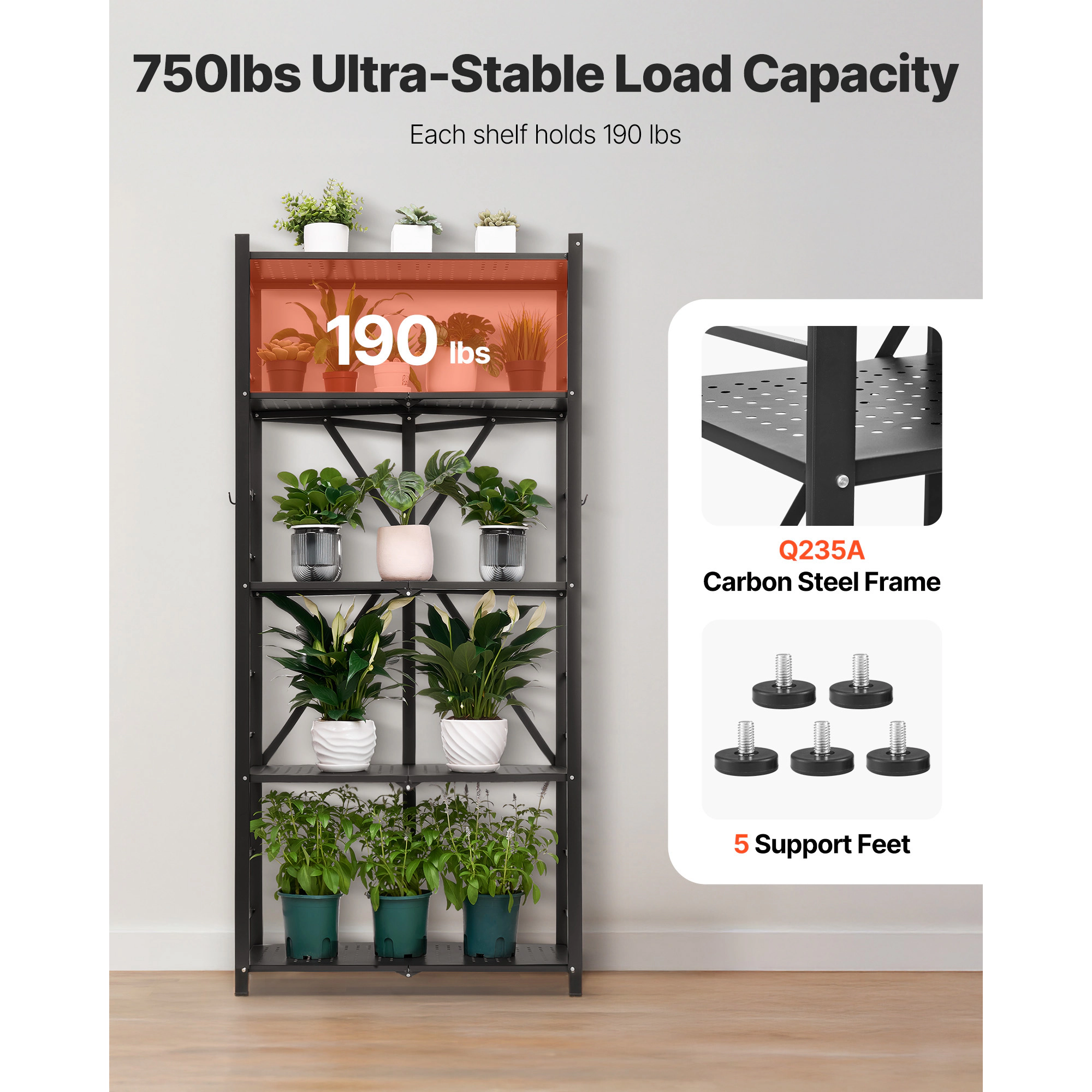 Flynama Folding Storage Shelf with Wheels 5-Tier Metal Shelving Unit Black