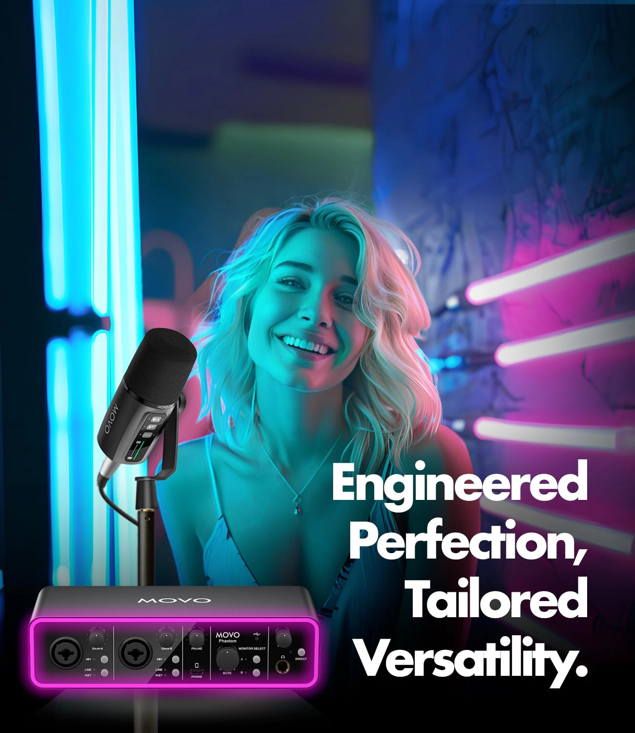 Movo Music/Audio Interface Bundle - Phantom USB Audio Interface, UM6 XLR/USB-C Dynamic Microphone, and Tabletop St