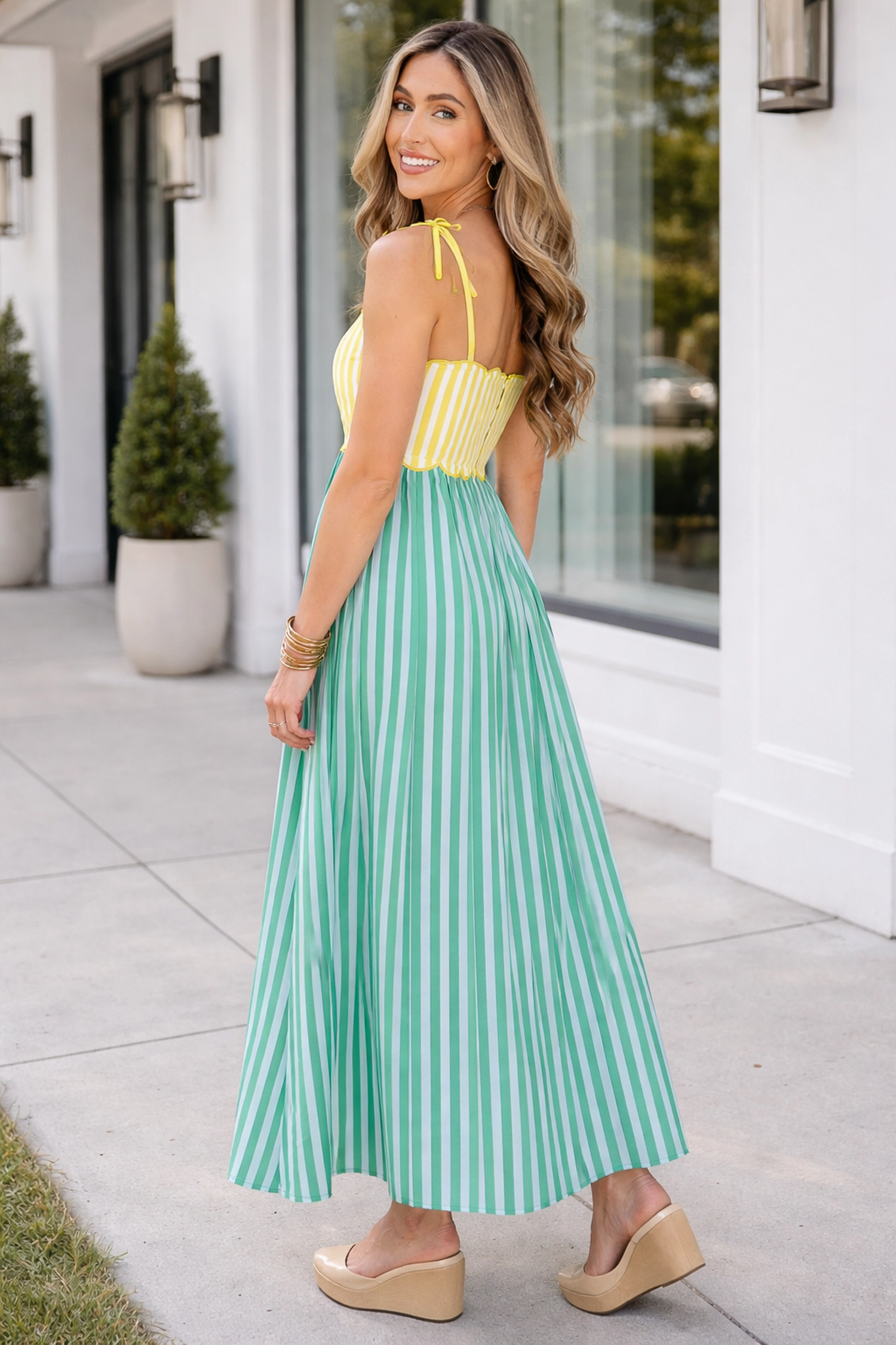 Threaded Pear Womens Raelyn Knot Strap Midi Dress - Green Stripe
