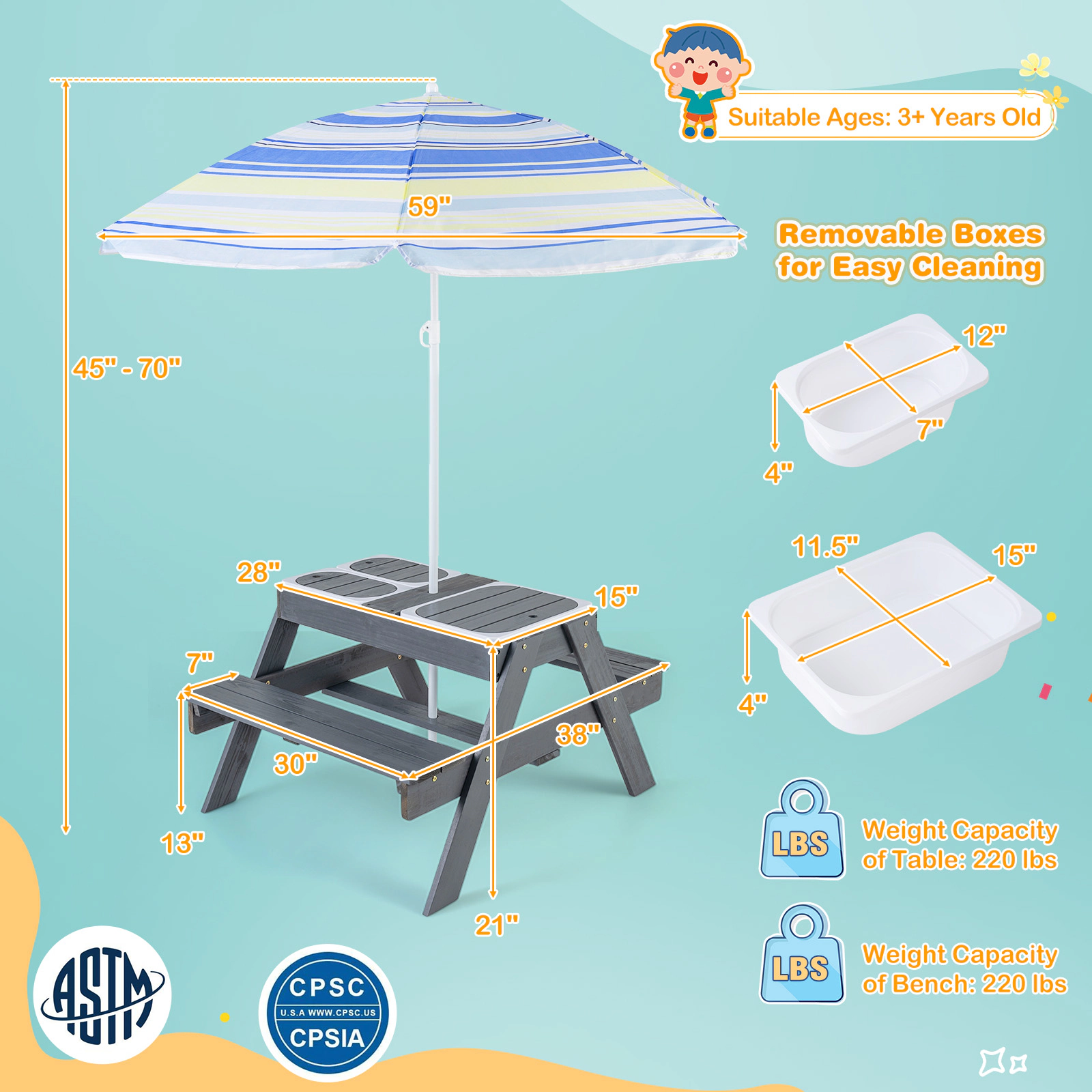 SUGIFT Kids Wooden Picnic Table with Benches, 3 Removable Bins and Adjustable 59-Inch Umbrella, Gray