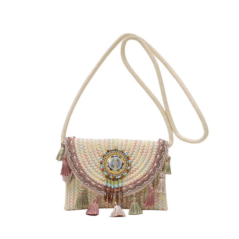 Alilang Women's Woven Crossbody Bag with Beaded Medallion Tassel Flap and Long Strap