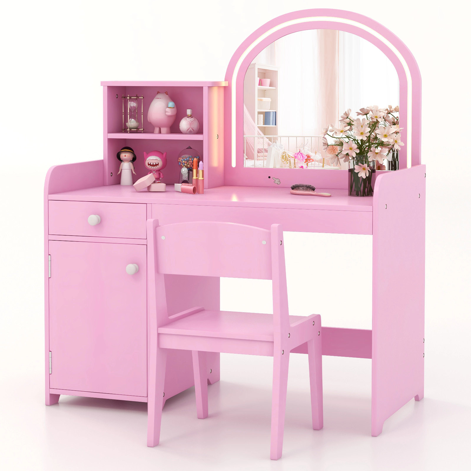 SUGIFT White Kids Vanity Table and Chair Set with 120 LED Lights, Acrylic Mirror and Storage