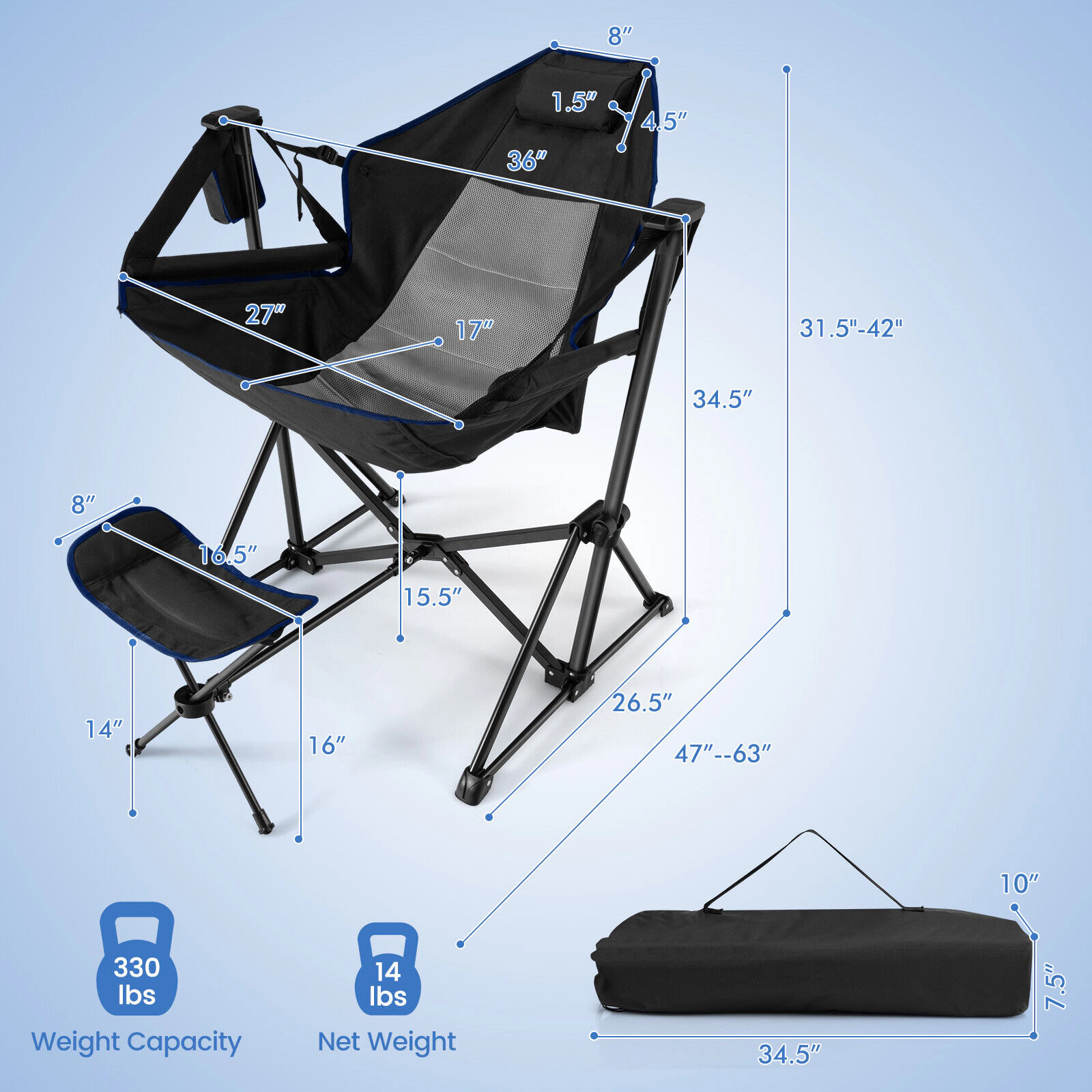 SUGIFT Black Hammock Camping Chair with Retractable Footrest 36-in W 31.5-in to 42-in H 330-lb Seat Capacity