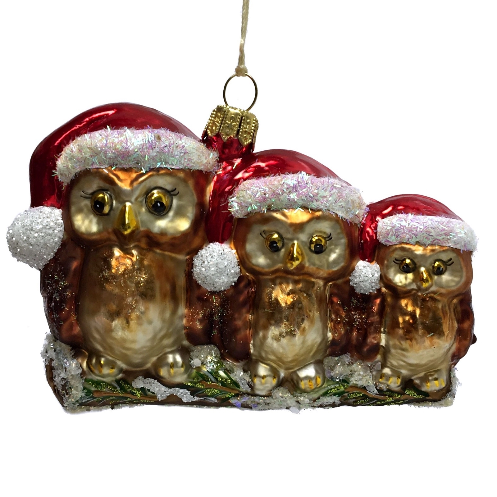 Pinnacle Peak Trading Company Three Owls Wearing Santa Hats on Branch Polish Glass Christmas Ornament Birds