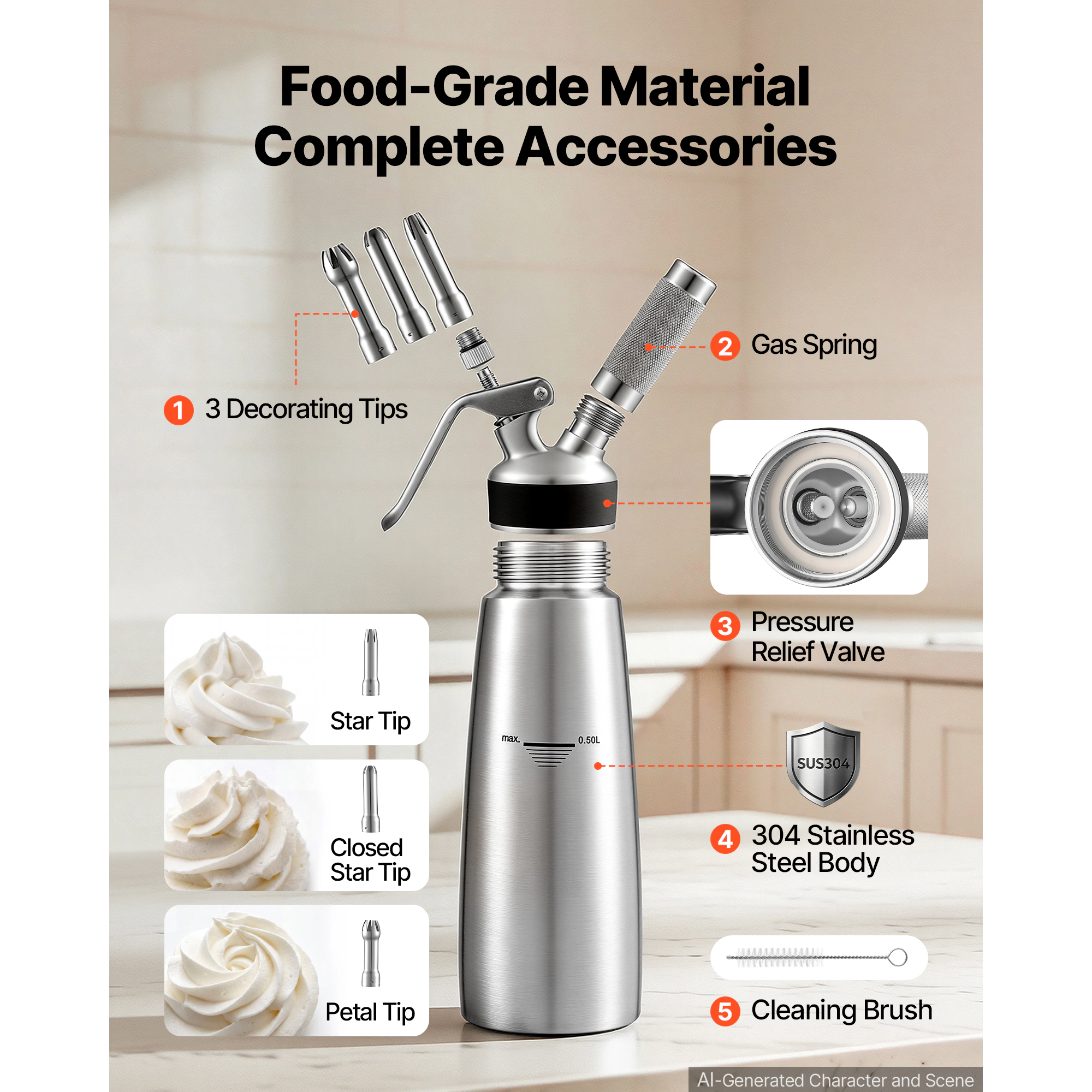 HONGGE Professional 304 Stainless Steel Whipped Cream Dispenser, Leak-Free Whipped Cream Maker