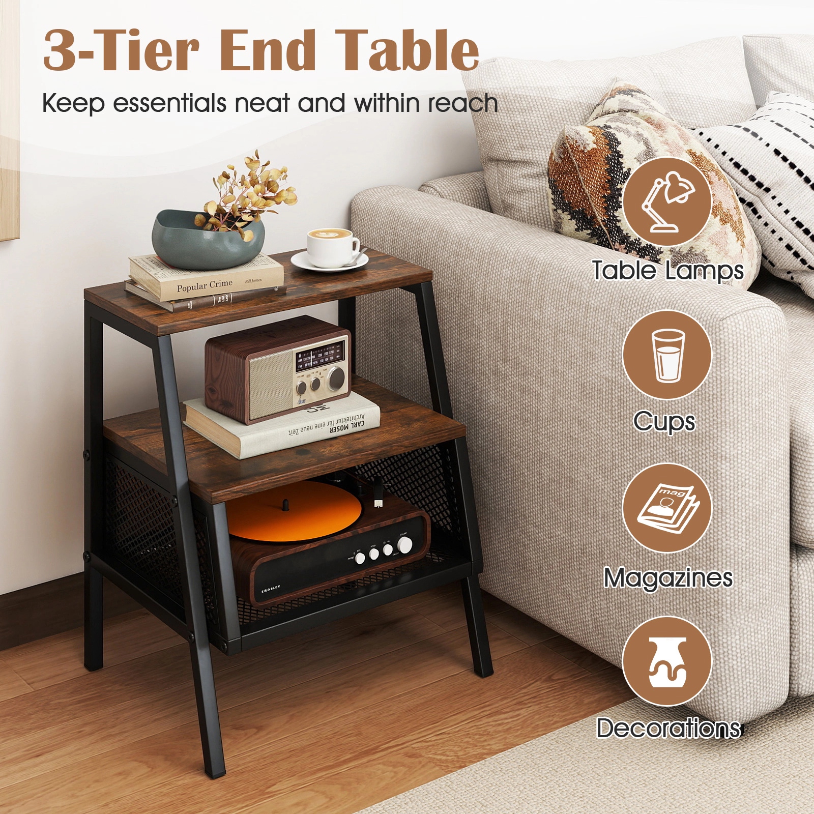 SUGIFT 3-Tier Industrial Nightstand End Table with 2 Open Shelves & Metal Mesh Compartment 22-lb Capacity Rustic Brown +