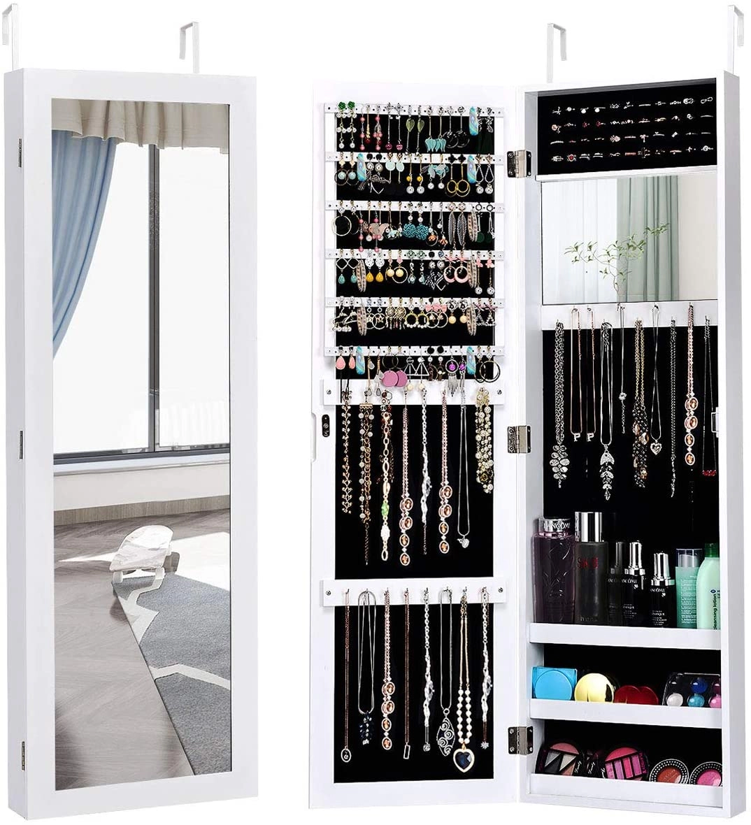 SUGIFT Full Length Mirror Jewelry Cabinet with Ring Slots and Necklace Hooks Wall or Over-the-Door Mount White
