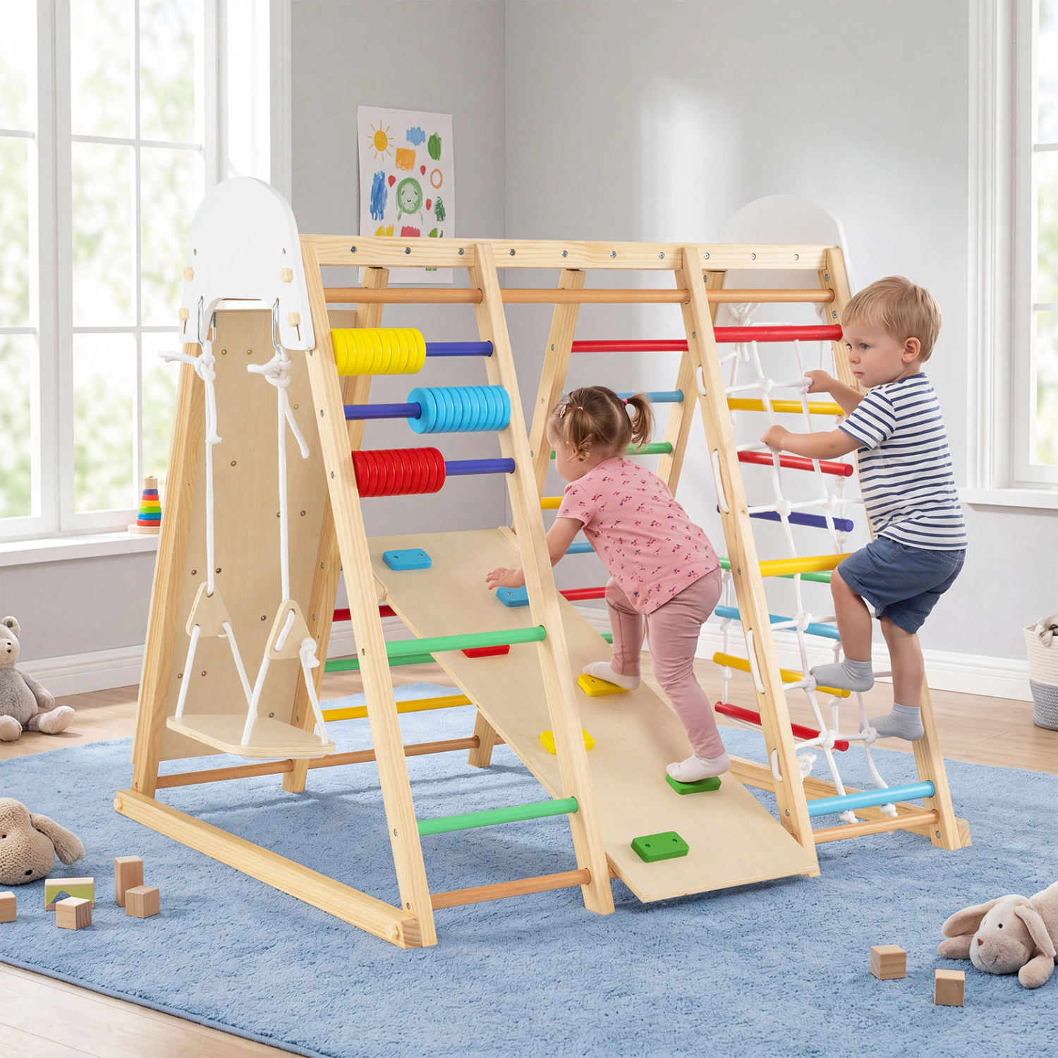 LJG 8-in-1 Foldable Indoor Jungle Gym for Kids with Swing and Monkey Bars