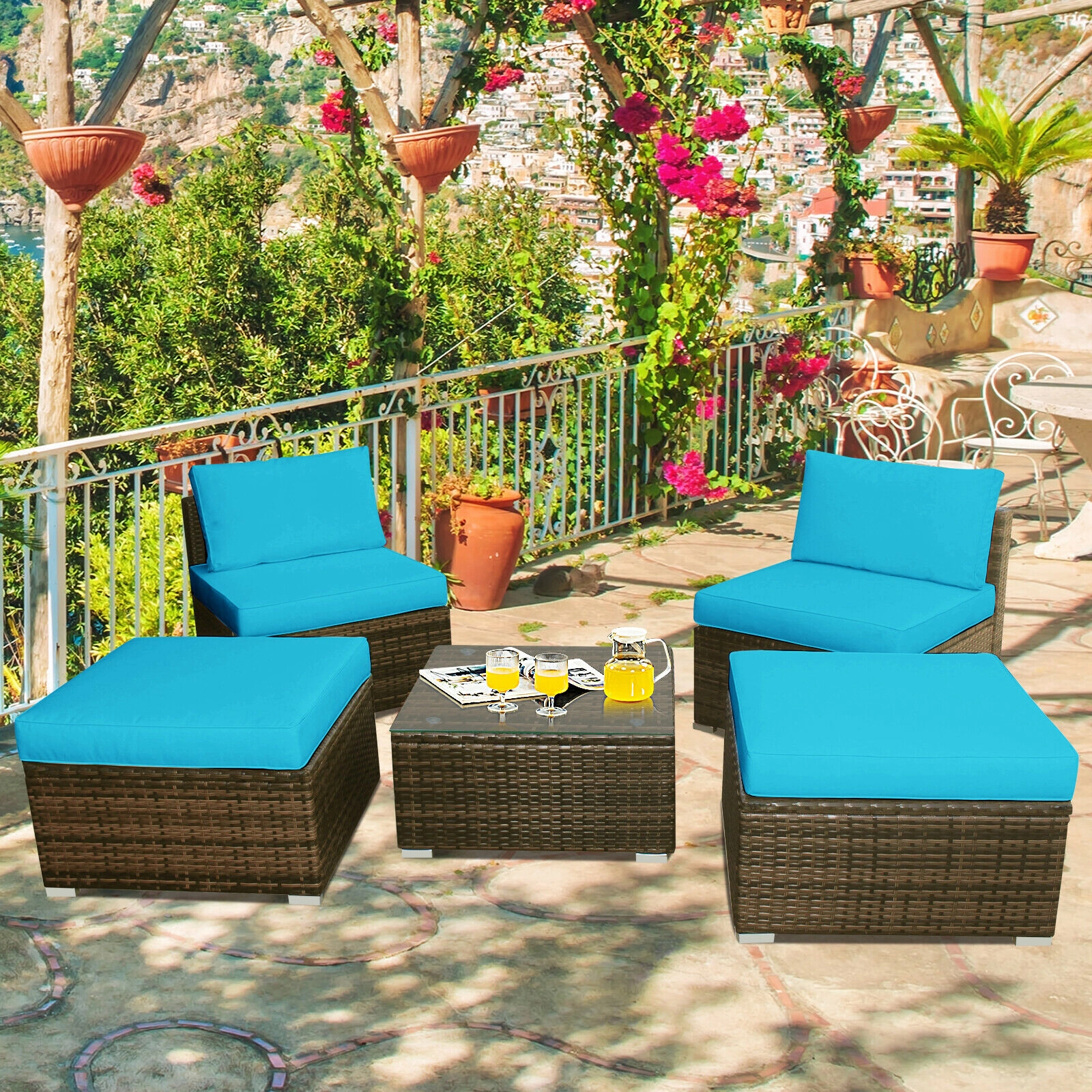 SUGIFT 5-Piece Turquoise PE Rattan Patio Set with 2 Armless Sofas, 2 Ottomans and Glass Table