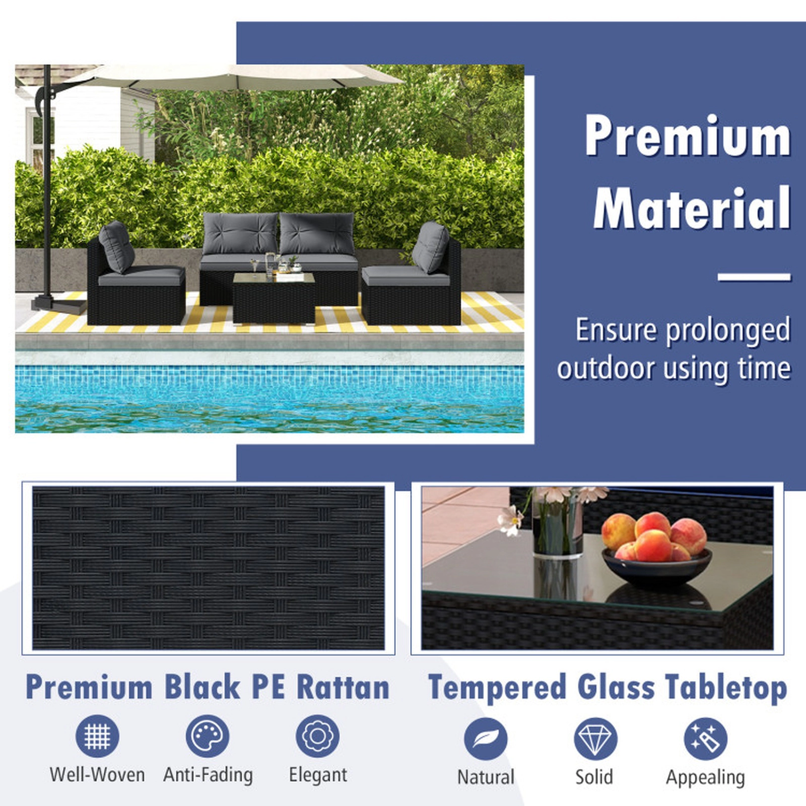 SUGIFT 5-Piece Gray Patio Rattan Sectional Sofa Set with 24-in Coffee Table 12.5-in Seat H 350-lb Sofa Capacity