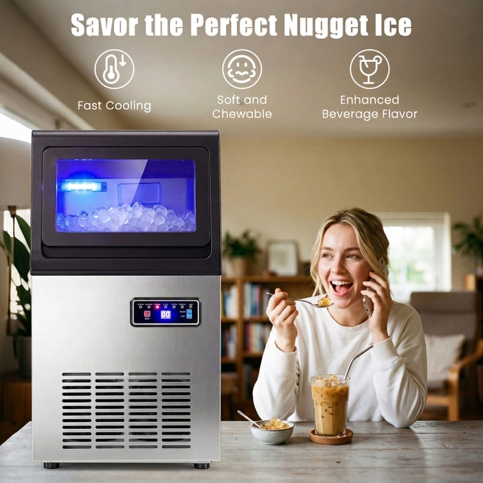 SUGIFT Black Nugget Ice Maker with Self Cleaning and 15-lb Storage 90-lb Daily Output 13.7-in W 13.2-in D 24.6-in H