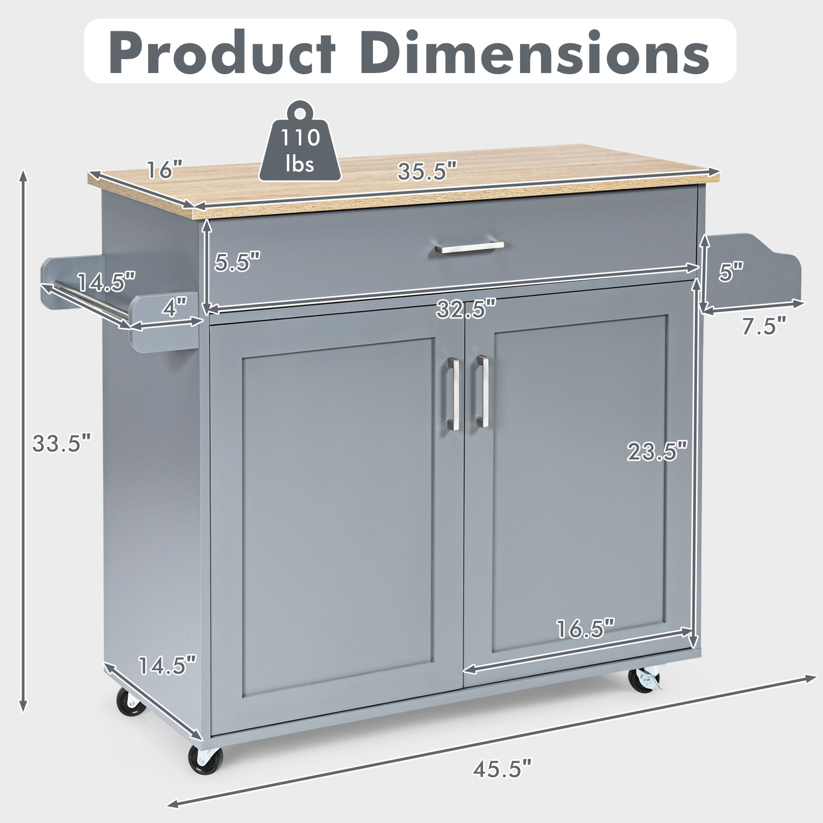 SUGIFT Rolling Kitchen Island Cart Gray with Towel Rack Spice Rack and Adjustable Shelf